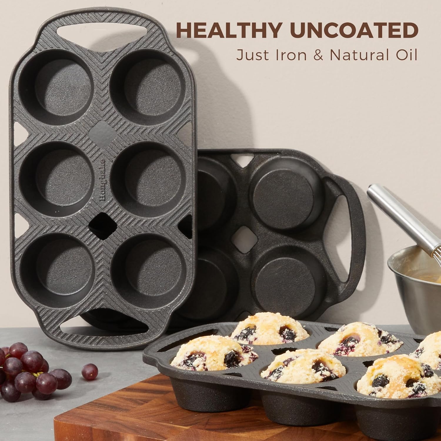 HONGBAKE Everline Collection Cast Iron Muffin Pans, Non toxic Uncoated 6-Cup Muffin Tins, Non-Stick Pre-Seasoned Cupcake Tray Pan Set for Baking, Oven & Stovetop Safe, Standard Size, 2 Pack - Image 2