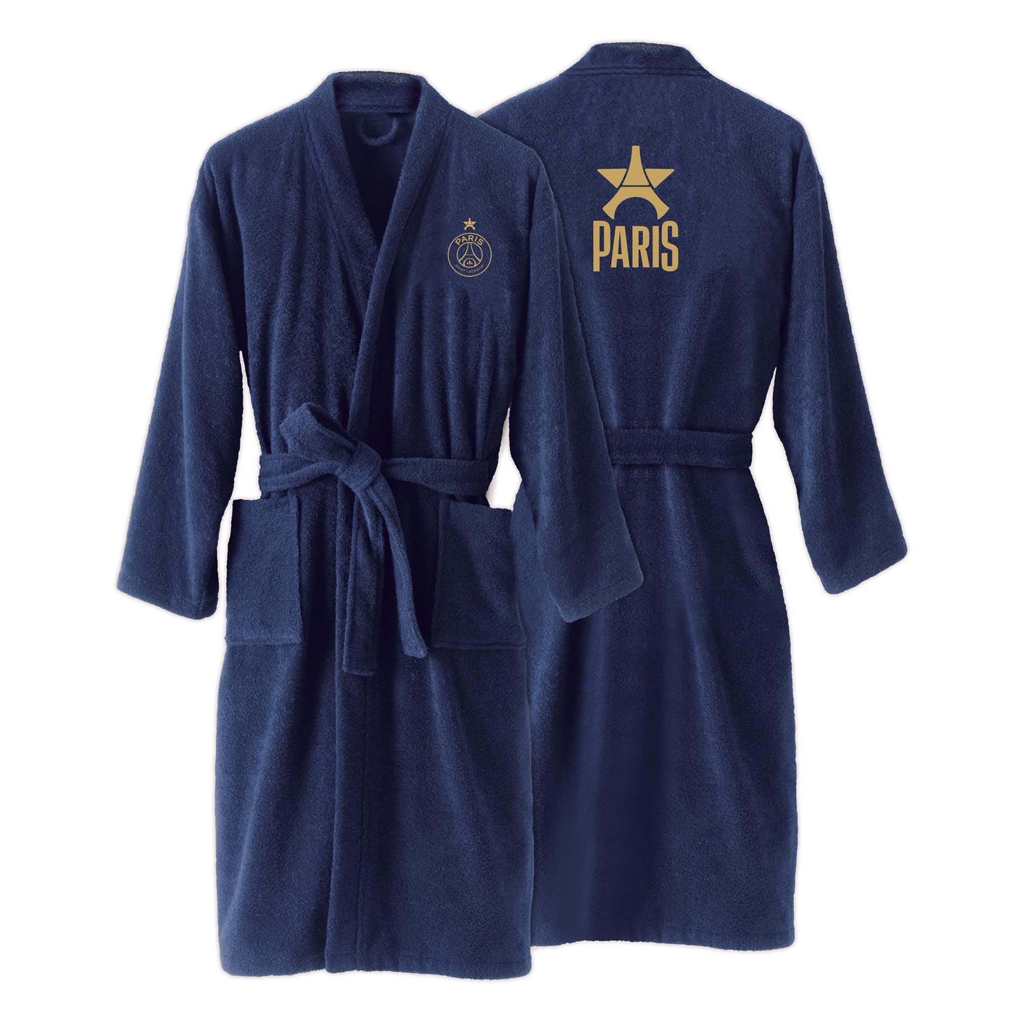 OMYDREAM PSG Europe Peignoir Homme Adulte | 100% Coton Bouclette | Brodé Cœur & Dos | Col Kimono | 2 Poches | Bleu
