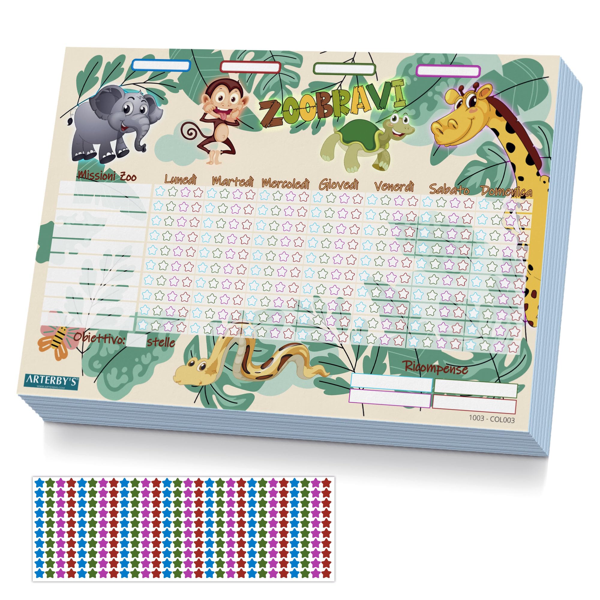 Arterby's - Reward Chart - 25 A4 Sheets in Hard Eco Cardboard and 280 Star Stickers 4 Colours - Activity Chart Results Motivate Children's Psychomotricity (Italian, COL003 - Animals)