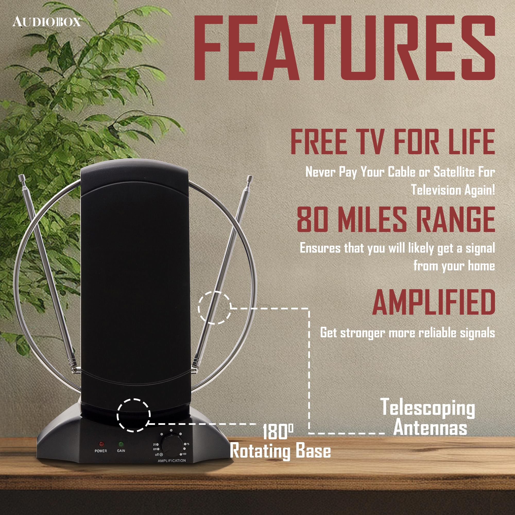 Amazon.com: Audiobox ANT-400 Amplified Indoor Antenna with 80-Mile