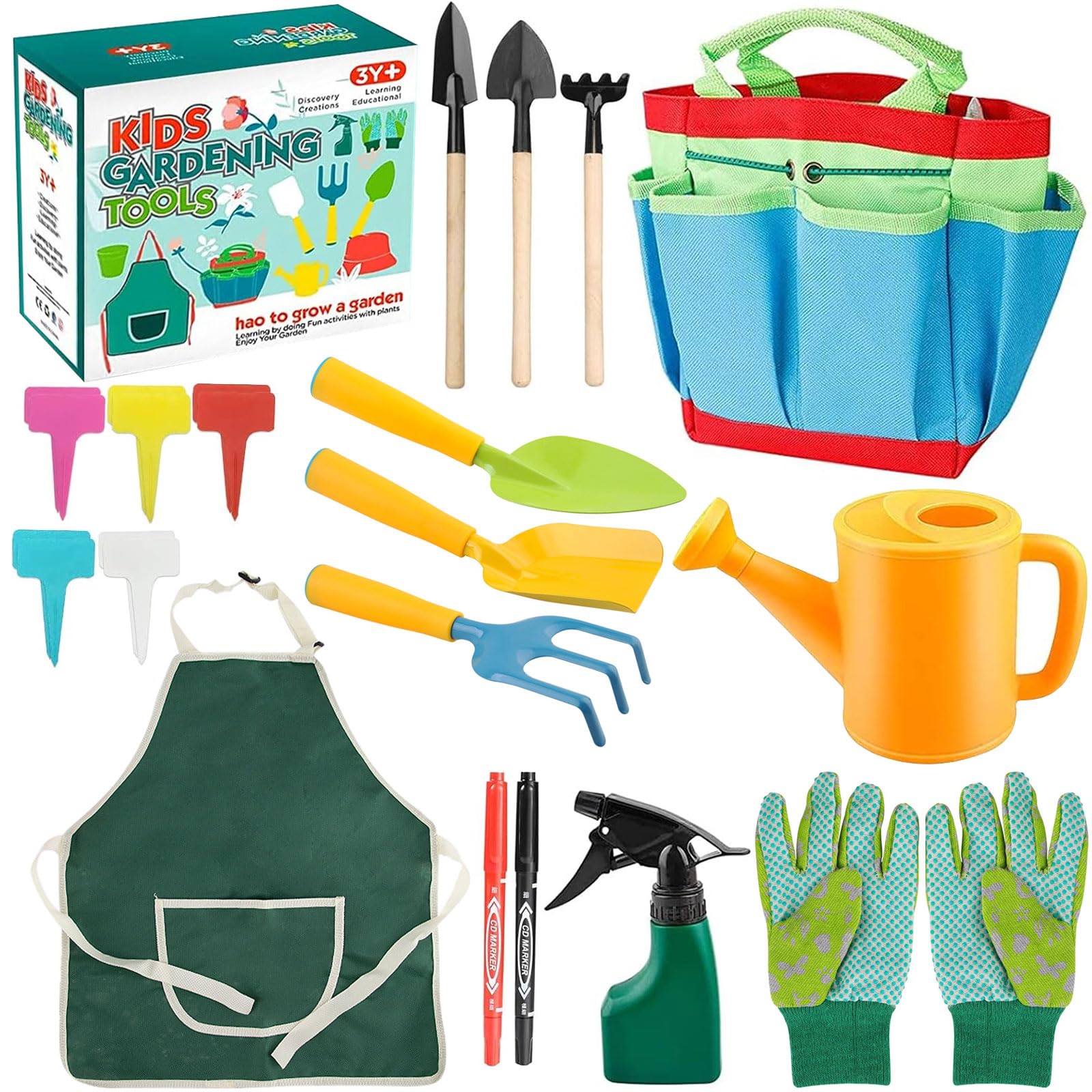 Set di attrezzi da giardinaggio per bambini, 23 attrezzi da giardinaggio, guanti da giardino per bambini, giocattoli per bambini con annaffiatoio pala rastrello, vanga, grembiule, giocattolo da
