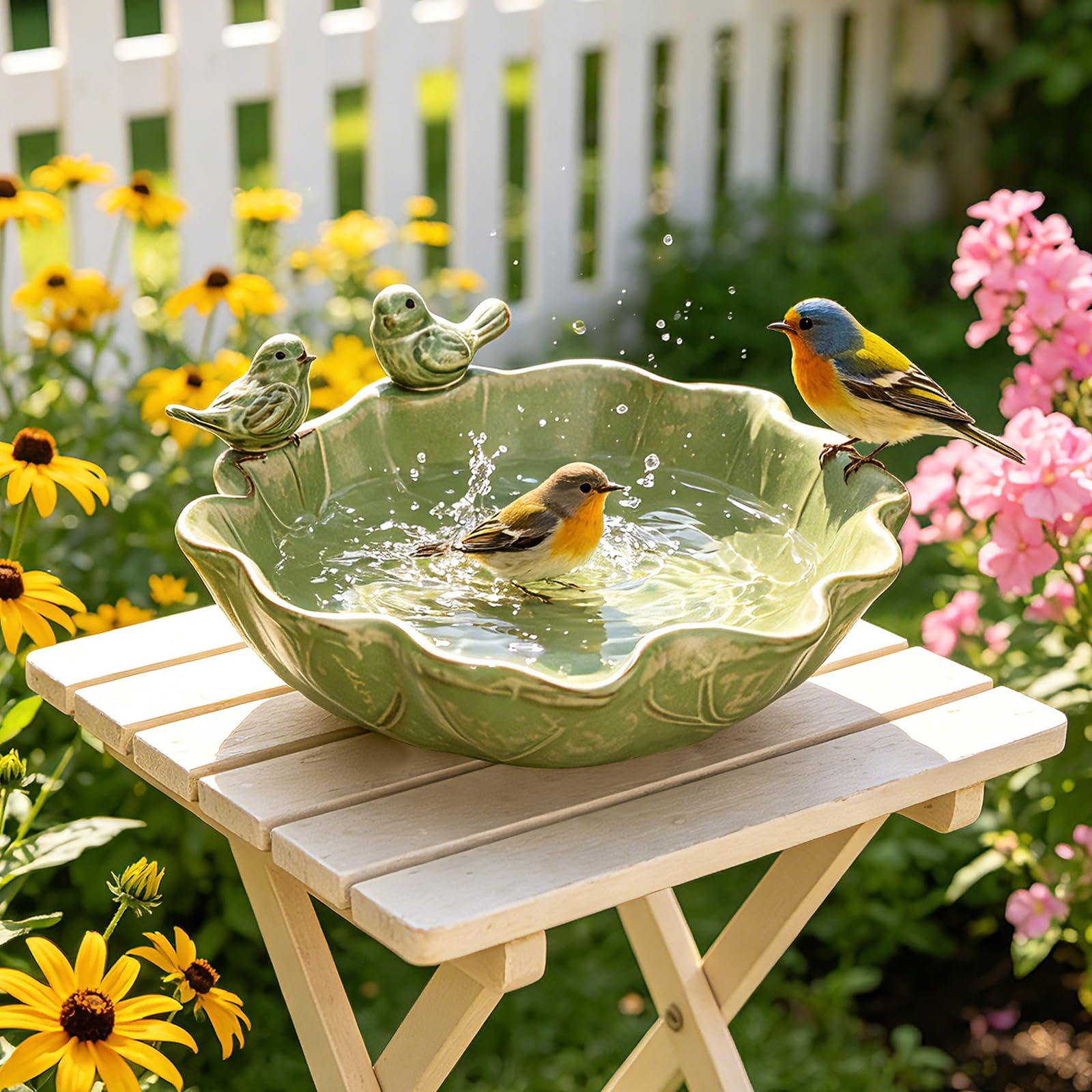 Abreuvoir à oiseaux rond résistant à l'hiver avec 2 oiseaux décoratifs, abreuvoir à oiseaux pour balcon, fontaine à oiseaux, bain d'oiseaux pour le jardin, pour l'extérieur, la terrasse, le