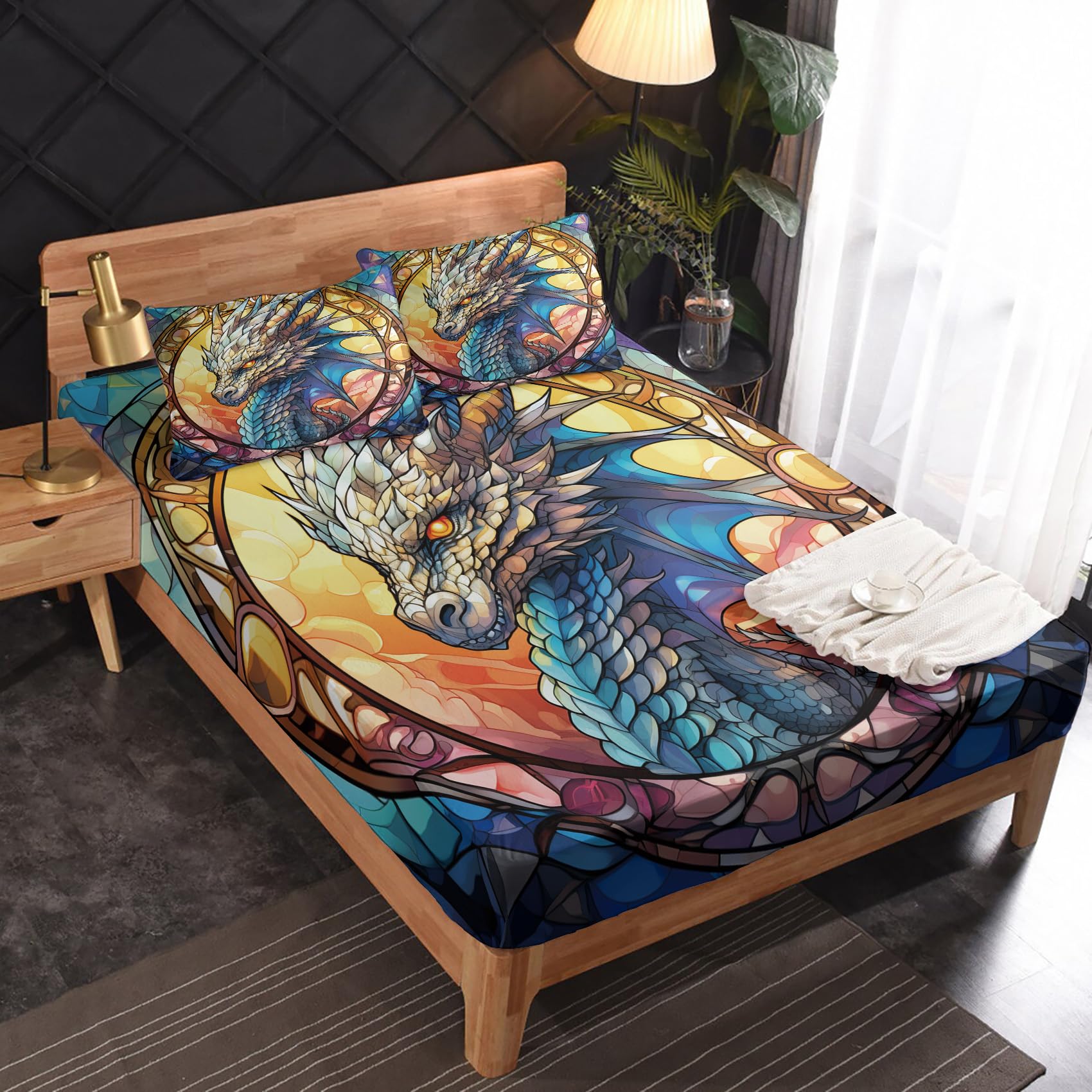Zvynqour California King Sheet Sets - Dragon Bed Sheets - Fantasy Animal Deep Pocket Fitted Sheets & Flat Sheets & Pillowcases 4 Piece Set - Colourful Mythical Creatures Bedding & Decor