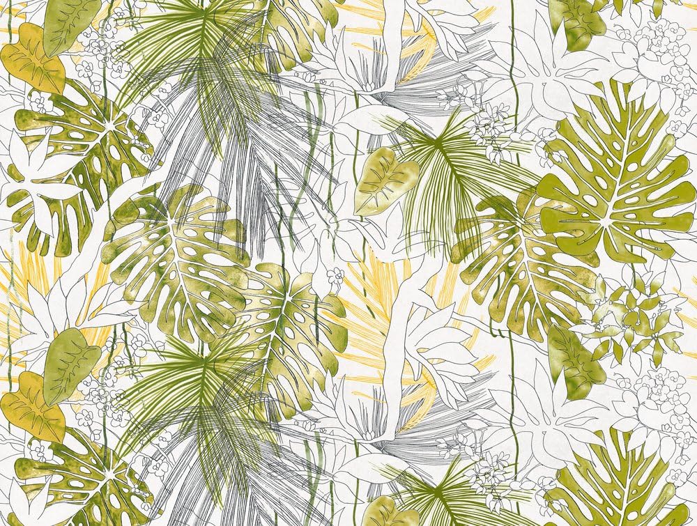 Livingwalls Tapeta z dżungli, zielona, biała, naturalna, fototapeta, liście 382321, nowoczesna tapeta na fizelinie 3,71 x 2,80 m, wyprodukowano w Niemczech