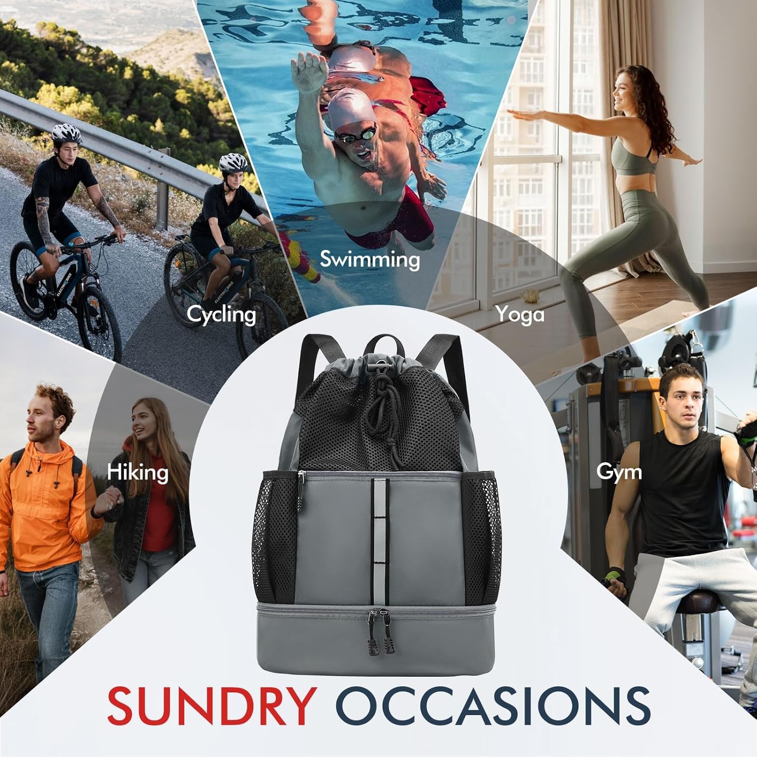 Borsa da palestra con coulisse, per uomo e donna, zaino sportivo in rete, con scomparto bagnato e scomparto per scarpe, borsa leggera da spiaggia e nuoto
