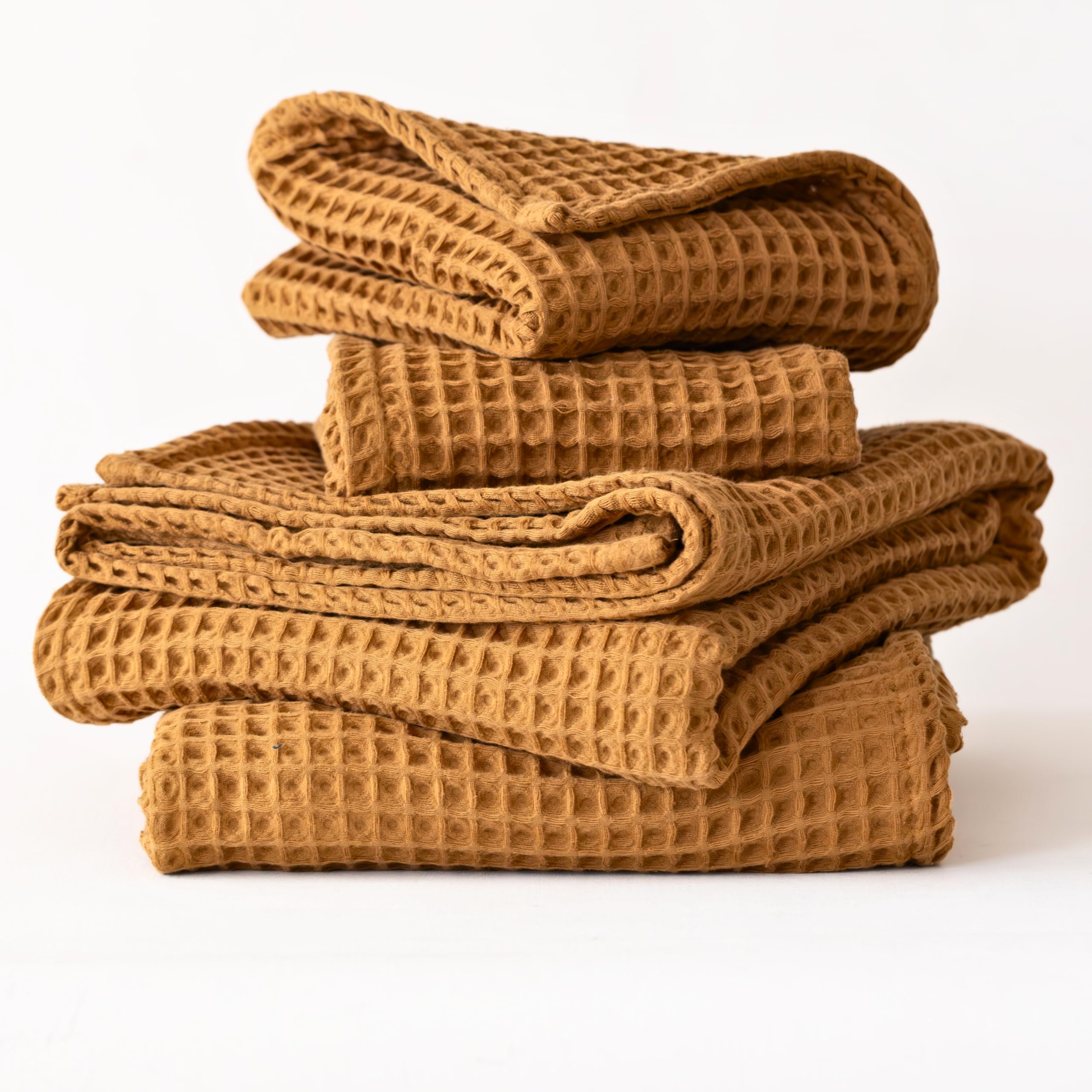 Viva Maison Waffle Weave Towels for Bathroom Set, Premium Pure Turkish Cotton Waffle Weave 2 Hand & 2 Bath Towels Set (Caramel, Set of 4 Bath & Hand
