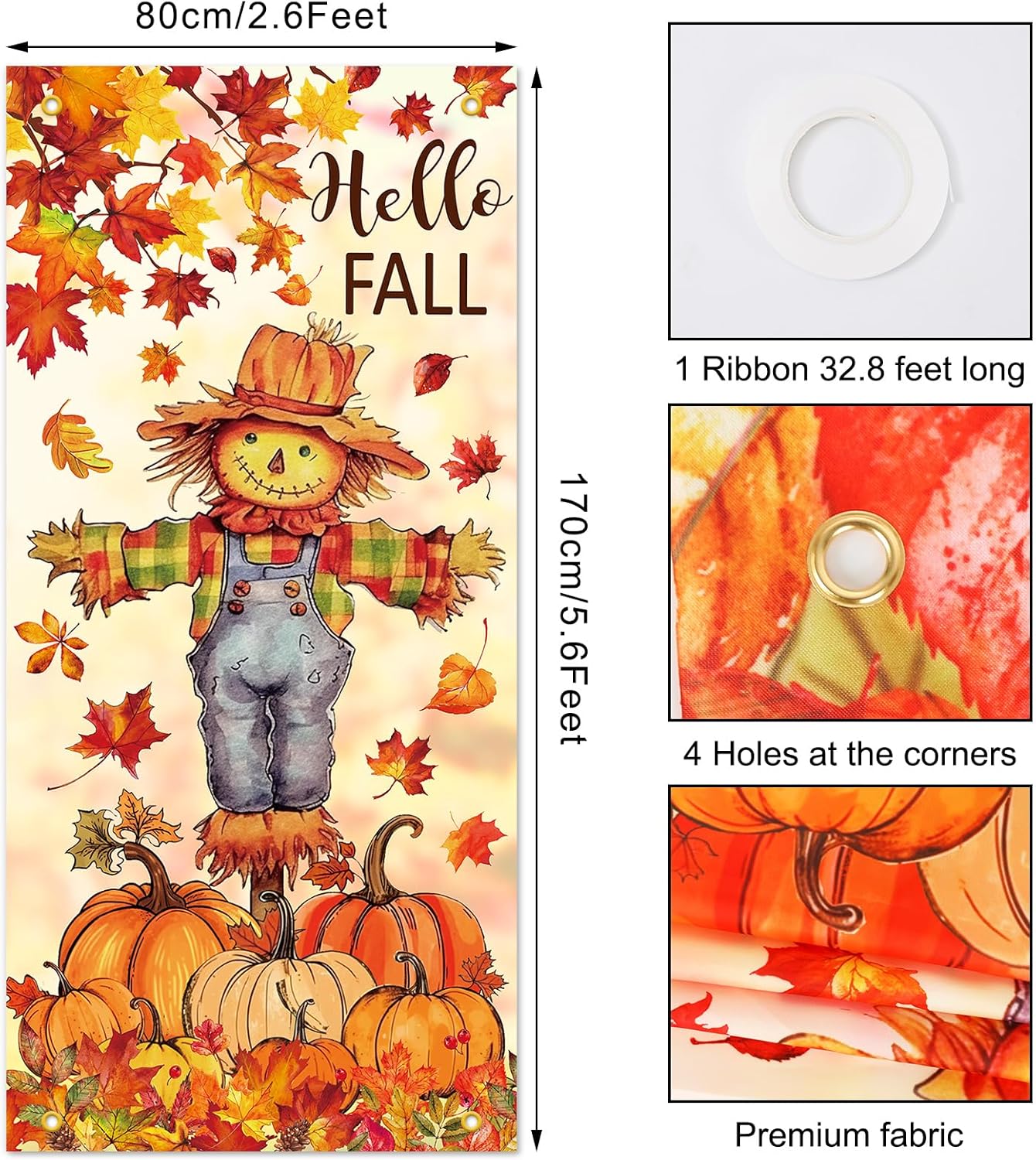 JarThenaAMCS Fall Door Banner Cover Scarecrow Pumpkin Leaves Hanging Banner Autumn Photo Background for Thanksgiving Party Home School Classroom Supplies, 31.5 x 67 Inch - Image 2