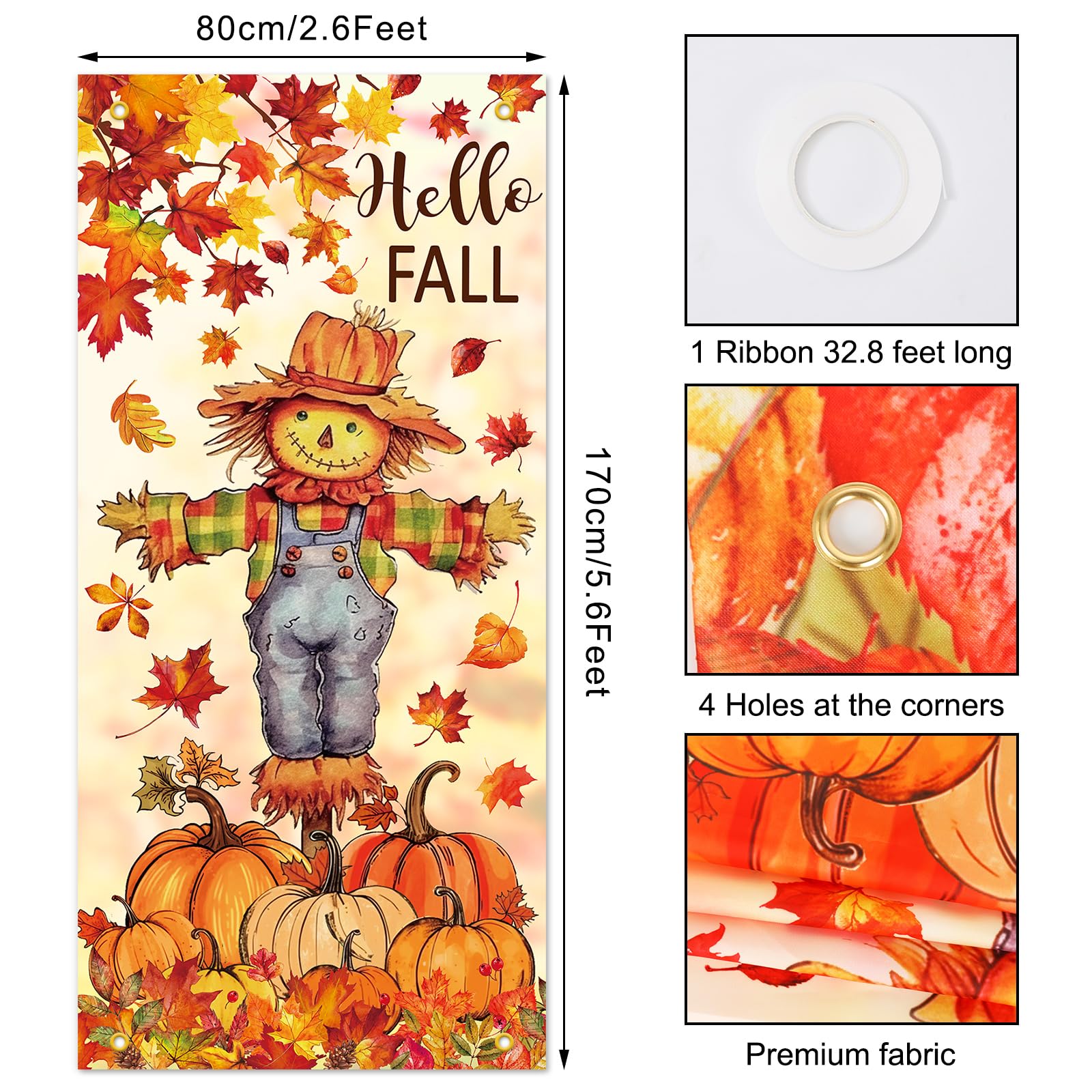 Herbst-Türbanner mit Vogelscheuche und Kürbisblättern, 80 x 170 cm, hängende Banner, Herbst-Foto-Hintergrund für Thanksgiving