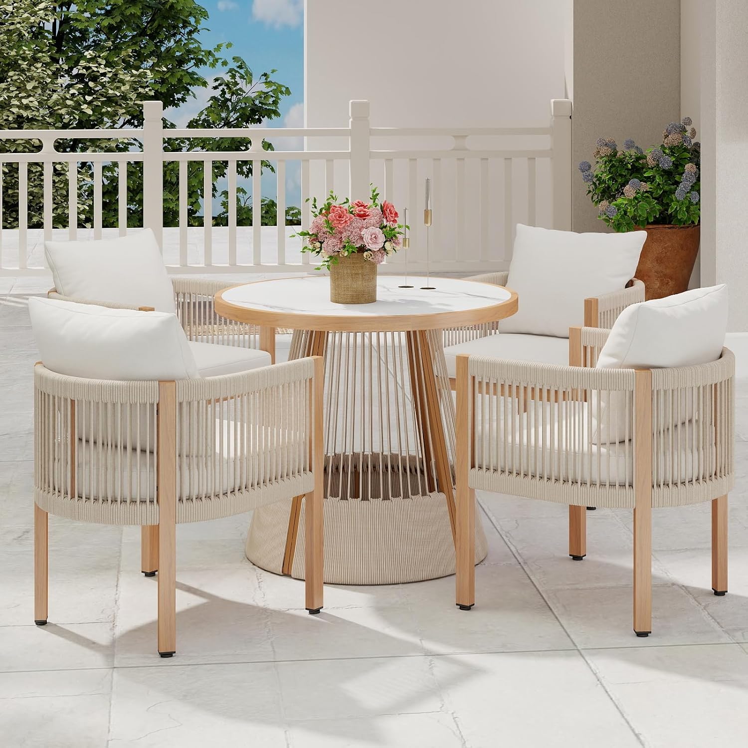 Patio Dining Chairs Set of 6, Outdoor Patio Chair, Rope Upholstered Dining Chair, Modern Outdoor Furniture Set Chairs, Comfortable Kitchen Chairs for Balcony, Deck, Garden, Beige