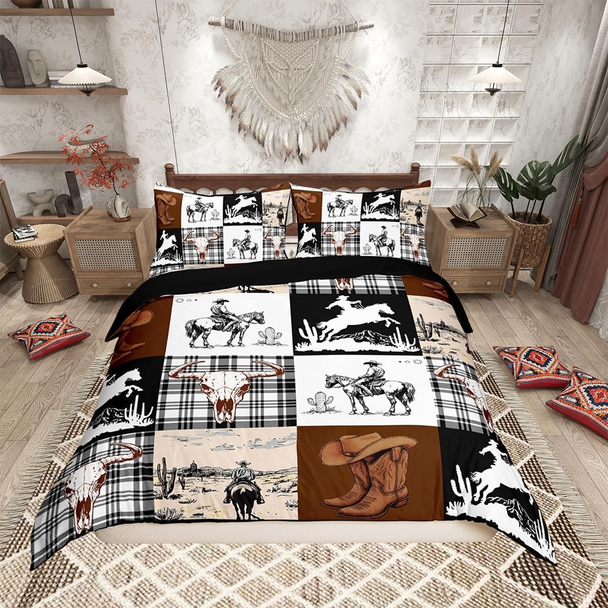 Loussiesd West Cowboy Duvet Cover Set Super King Size For Kids Boys Adults Teens Rodeo Cowboy Style Bedding Set Western Animal Cow Skull Comforter Cover with 2 Pillowcases West Desert Beds Set