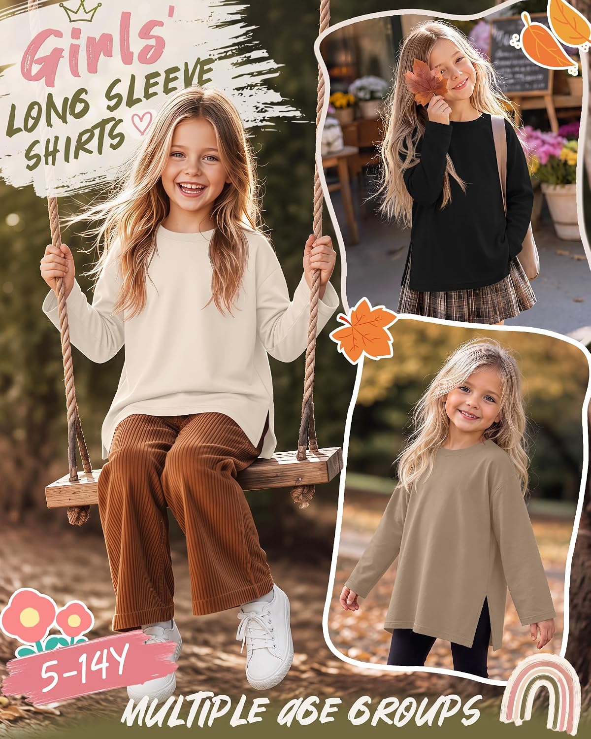 3 Pack Girls Oversized Long Sleeve Shirts Basic Tops image 2