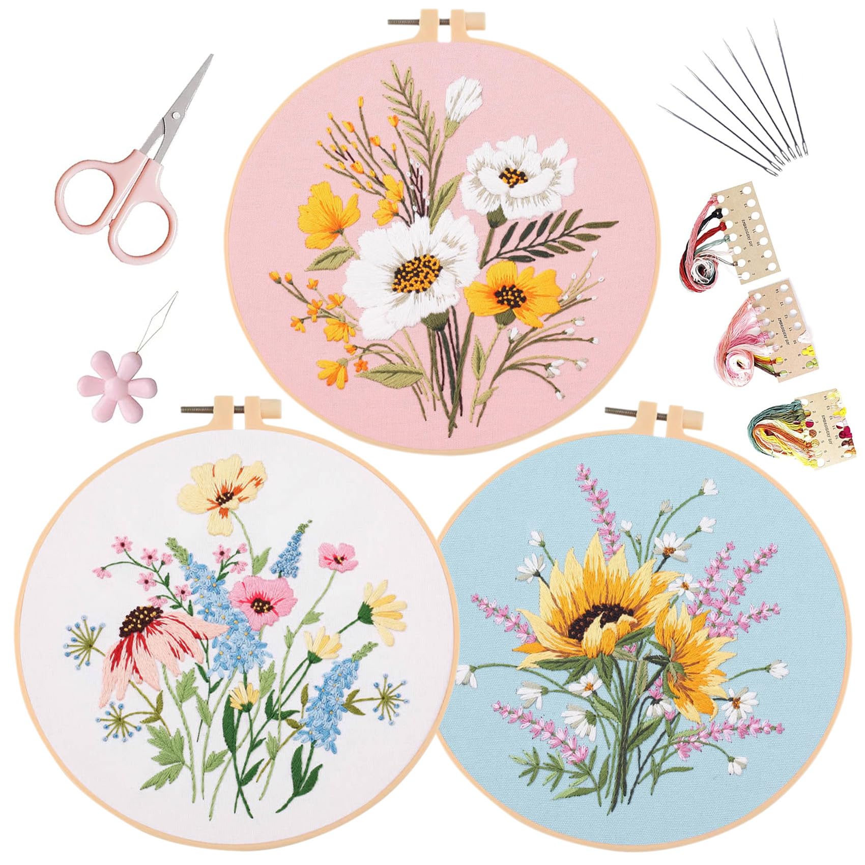 LB Sunflower Floral Embroidery Kit for Beginners Adults, 3 Sets Hand Embroidery Starter Kit with Flower Pattern and Instructions Stamped Cross Stitch Kits Include Embroidery Hoop Needles Threads