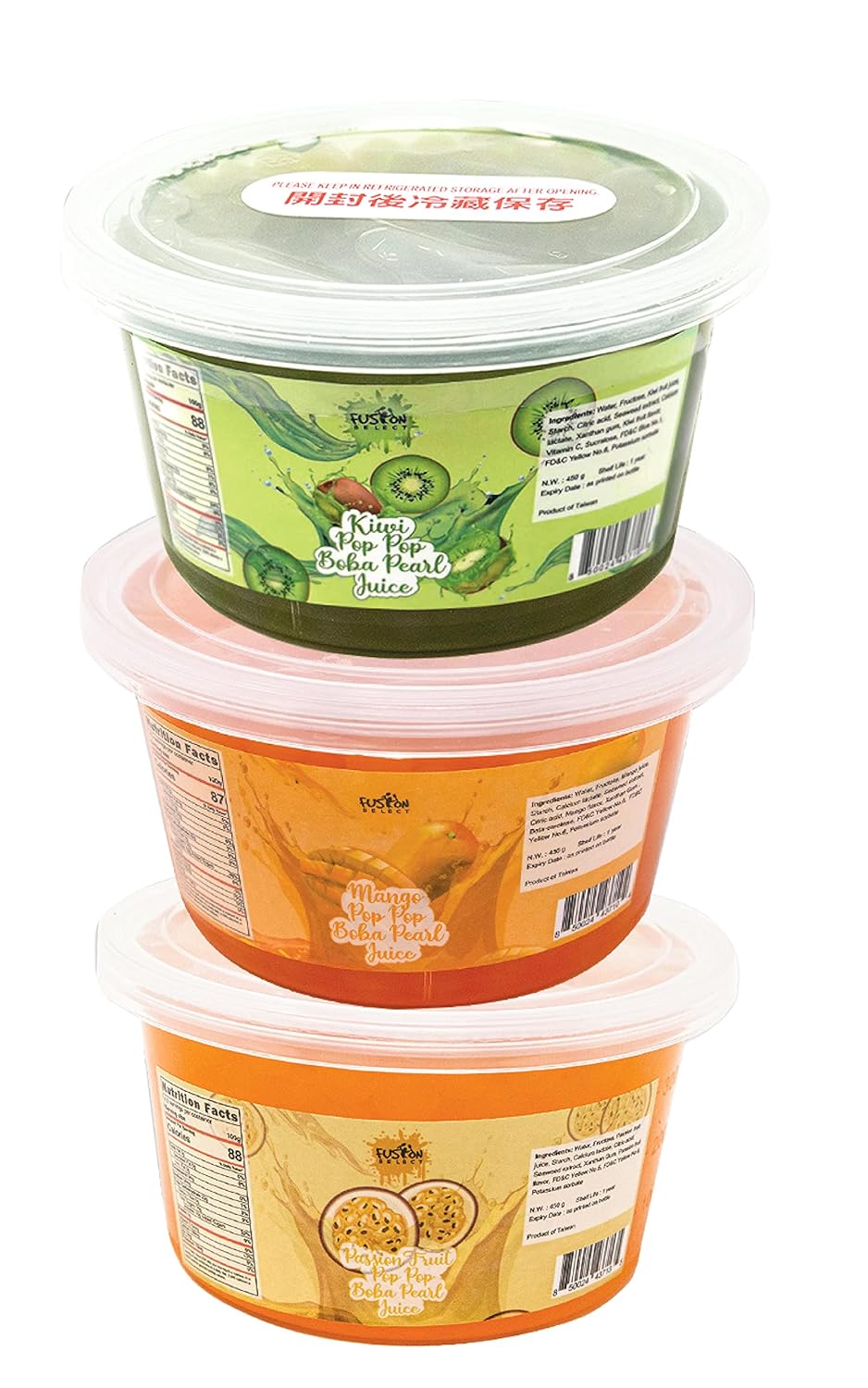 Fusion Select Bursting Popping Boba Pearls - Fruit Tea Snack Toppings Asmr Food (Kiwi, Mango, Passion Fruit)