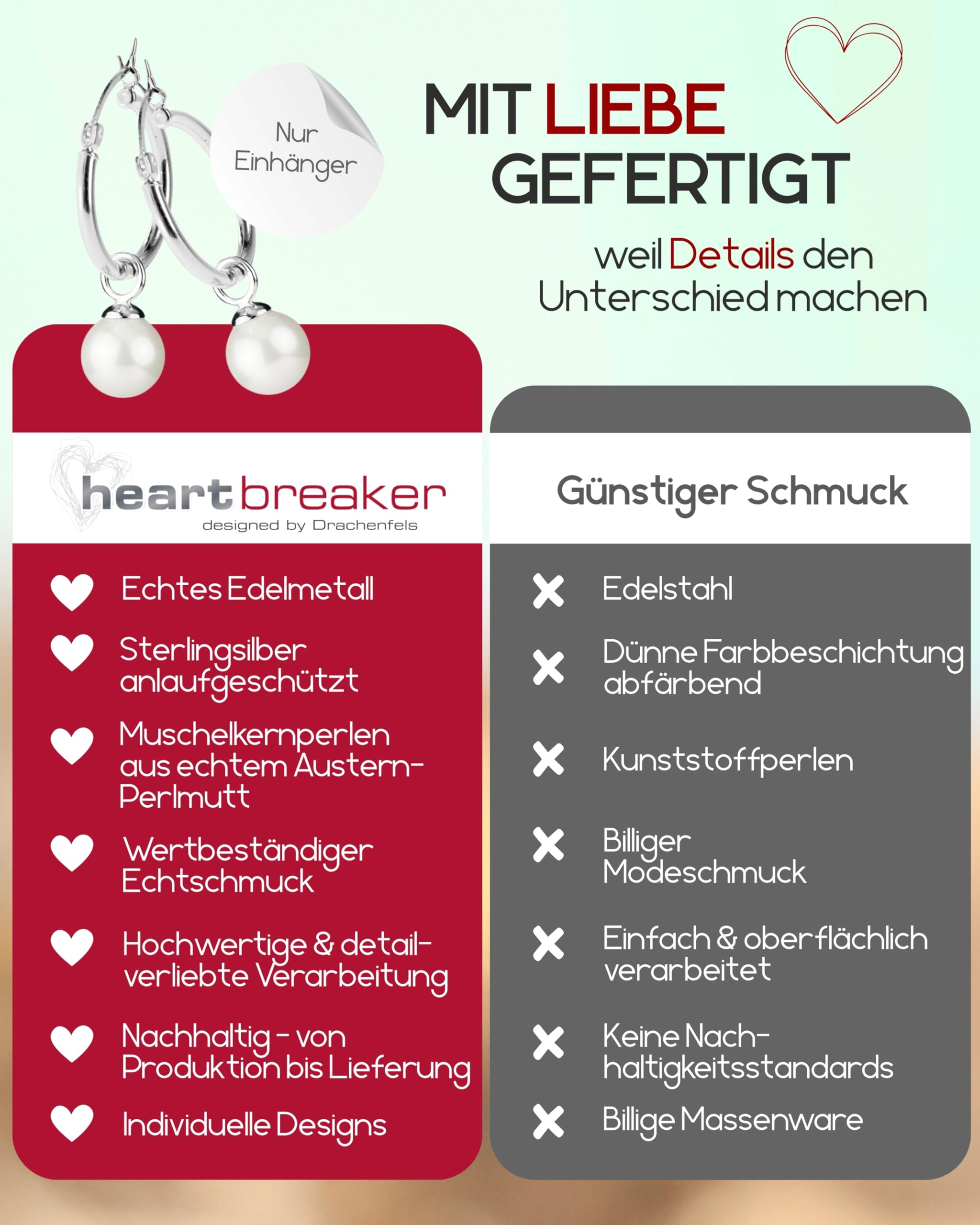 Heartbreaker "Style & Go" Perlen Einhänger I Einhänger für Creolen aus 925 Sterling Silber I Nickelfreier Anhänger mit weißer Muschelkernperle I In Goldschmiedequalität gefertigt I LD MR 31-W