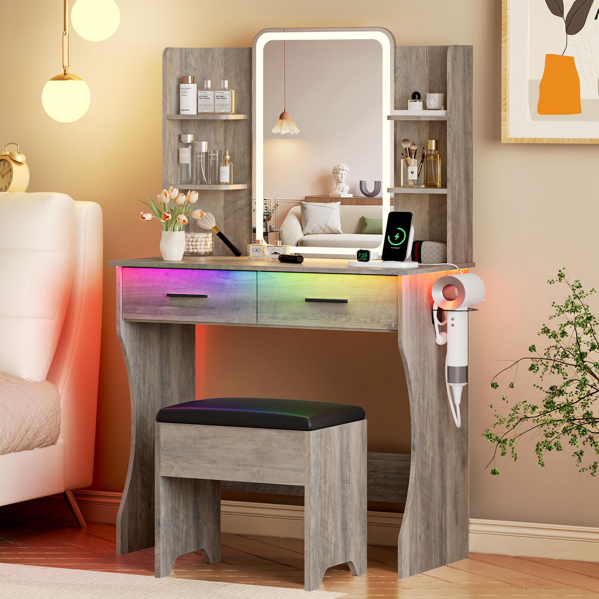 Vanity Desk with LED Lights Mirror &amp; Power Outlet, Small Makeup Vanity Table Set with Storage Drawers &amp; Chair, 3 Lighting Modes &amp; Adjustable Brightness, Dressing Table for Women Girls Bedroom, Grey