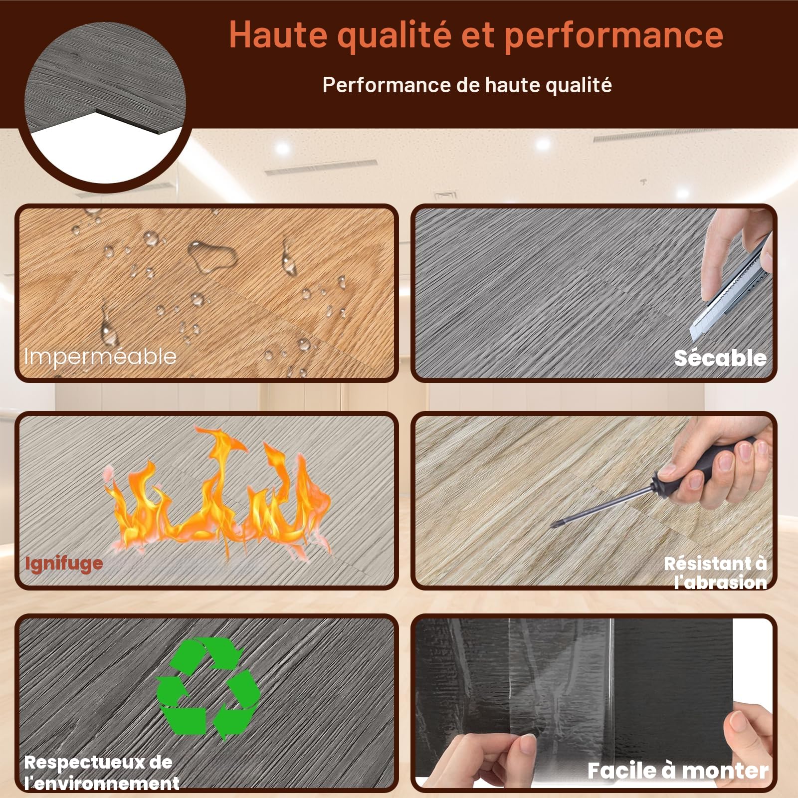 Lot de 54 revêtements de sol autocollants en PVC avec aspect bois, antidérapant, imperméable, difficilement inflammable, chêne gris foncé, 7,53 m²
