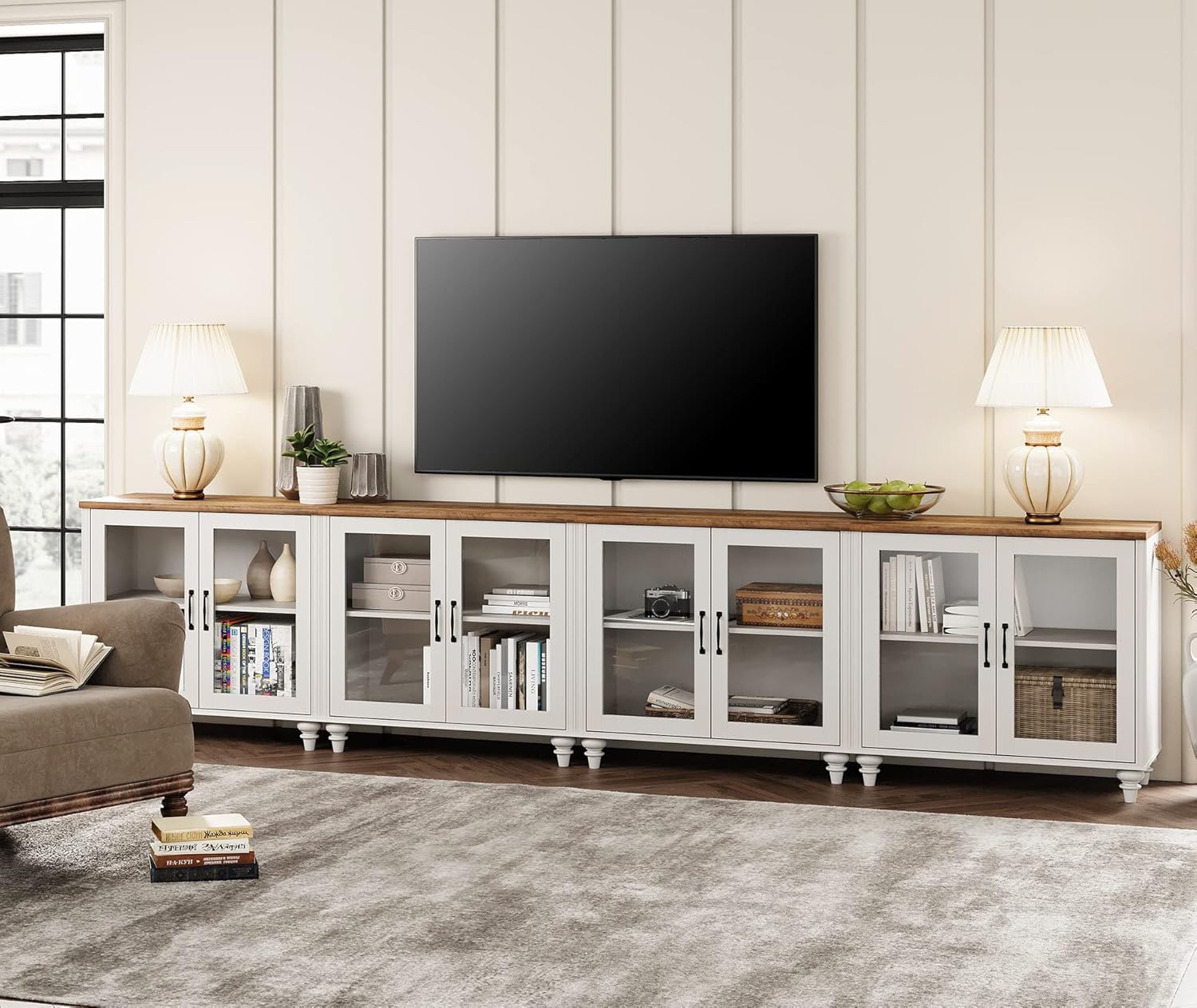 WAMPAT 4-in-1 Large TV Stand for 100 Inch TVs - White Entertainment Center with Glass Doors, Adjustable Shelves for Living & Dining Room