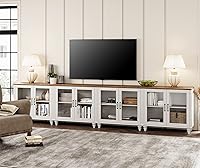WAMPAT 4-in-1 TV Stand for 100 Inch TVs, White Entertainment Center Buffet Cabinet with Glass Doors & Adjustable Shelves