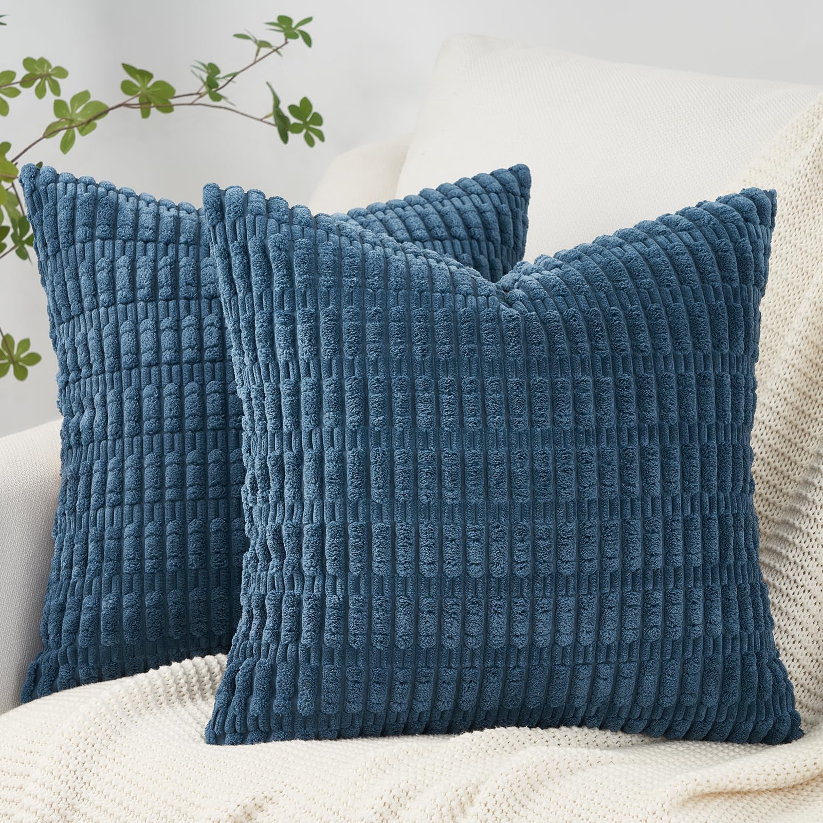 Topfinel Dusty Blue Cushion Covers 40cm x 40cm,Corduroy Decorative Fluffy Pillows Cases,Cushions Cover 16x16 inches with Invisible Zipper for Sofa Bed Livingroom Bedroom,Pack of 2