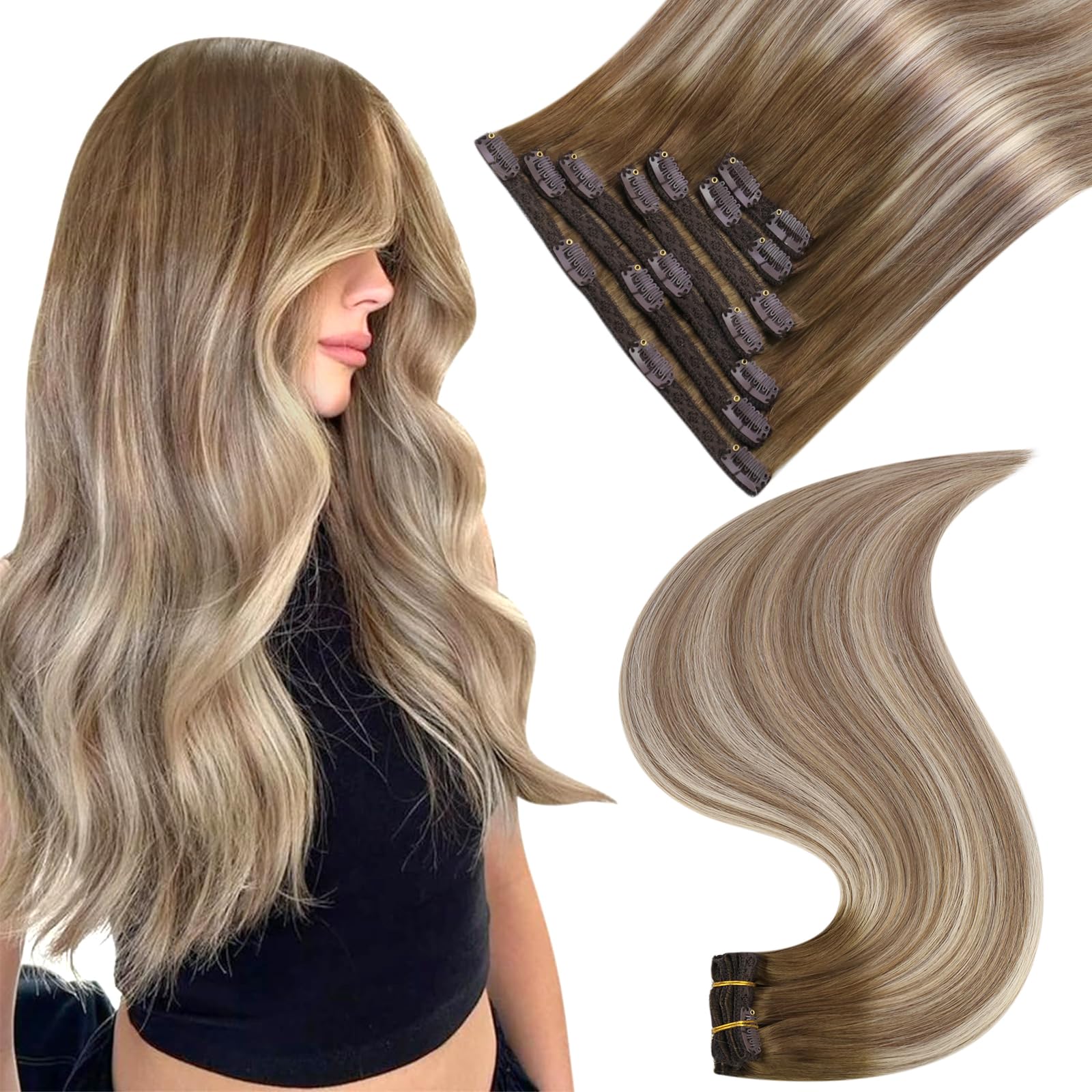 Easyouth Hair Clip Extensions 14 Inches 120g Pack of 10 Colour Off Black Fade To Ash Blonde Remy Hair Clip Hair Extensions