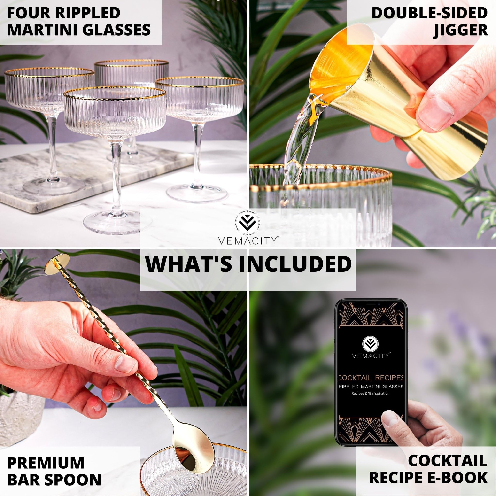 Vemacity Juego de 4 vasos de Martini acanalados con bordes dorados, cuchara y medidor | Juego de 4 vasos de cóctel Coupe de 300 ml | Platillos de champán | Copa de cóctel grande | Copa de Martini