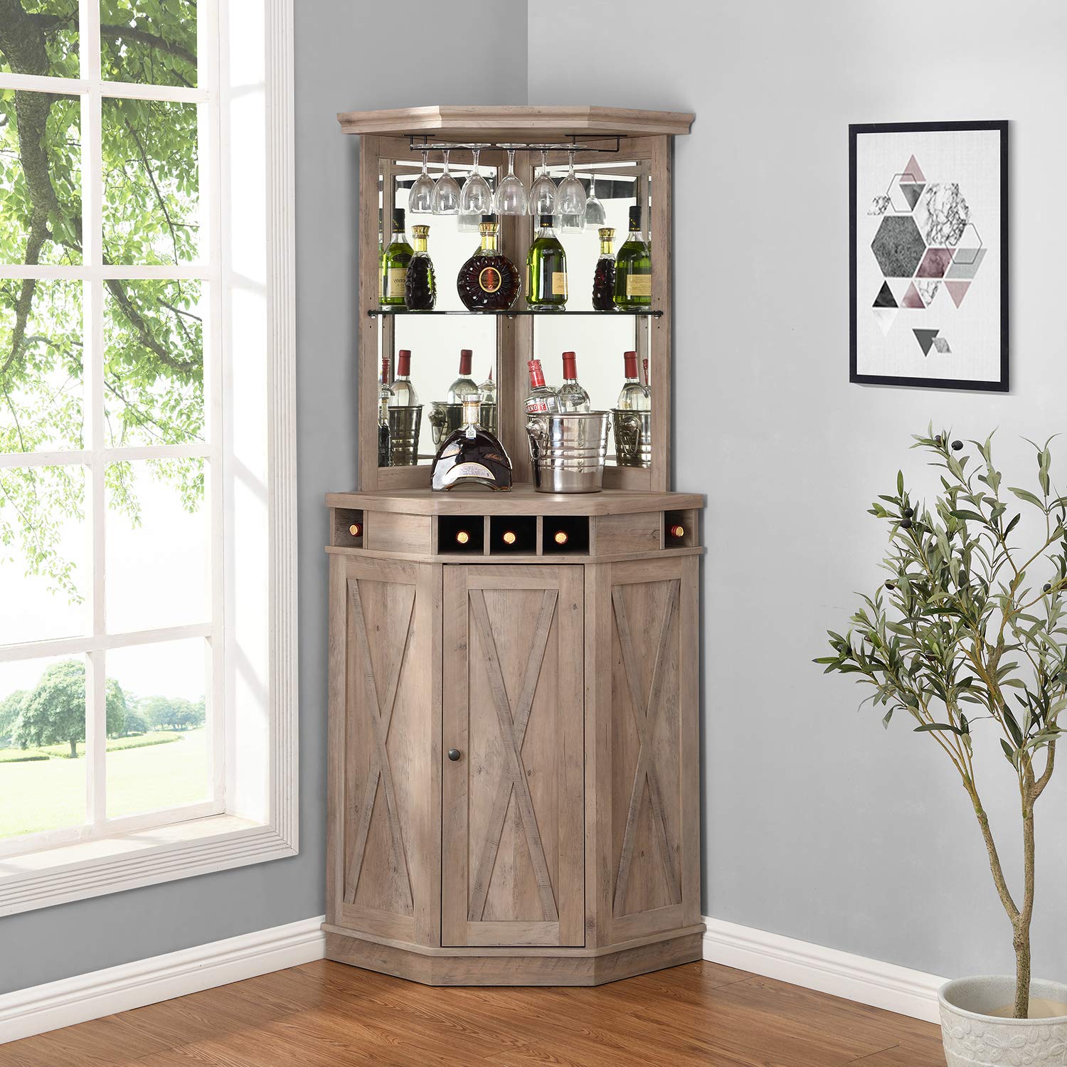 Home Source Stone Grey Corner Bar Unit with Builtin Wine Rack and