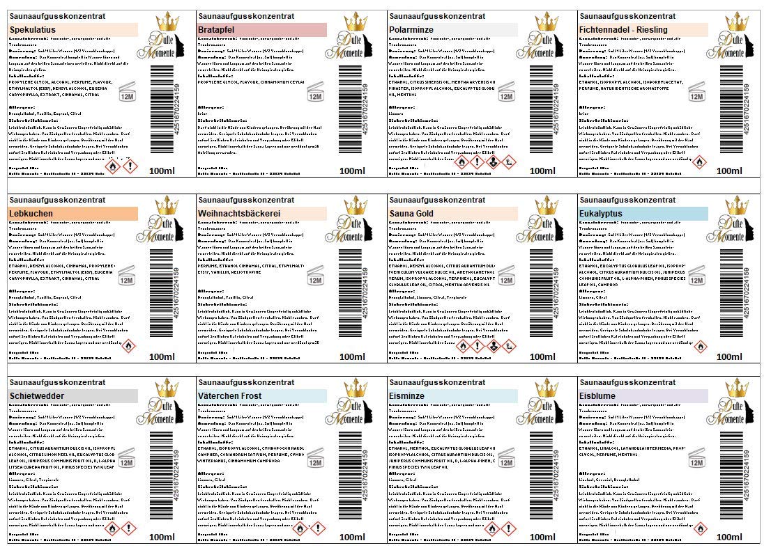 24 x 100ml Sauna Aufguss Konzentrat - passend zur anstehenden Adventszeit das exklusive Set von Dufte Momente - Weihnachtsdüfte, Saunaaufguss, Premiumaufgüsse