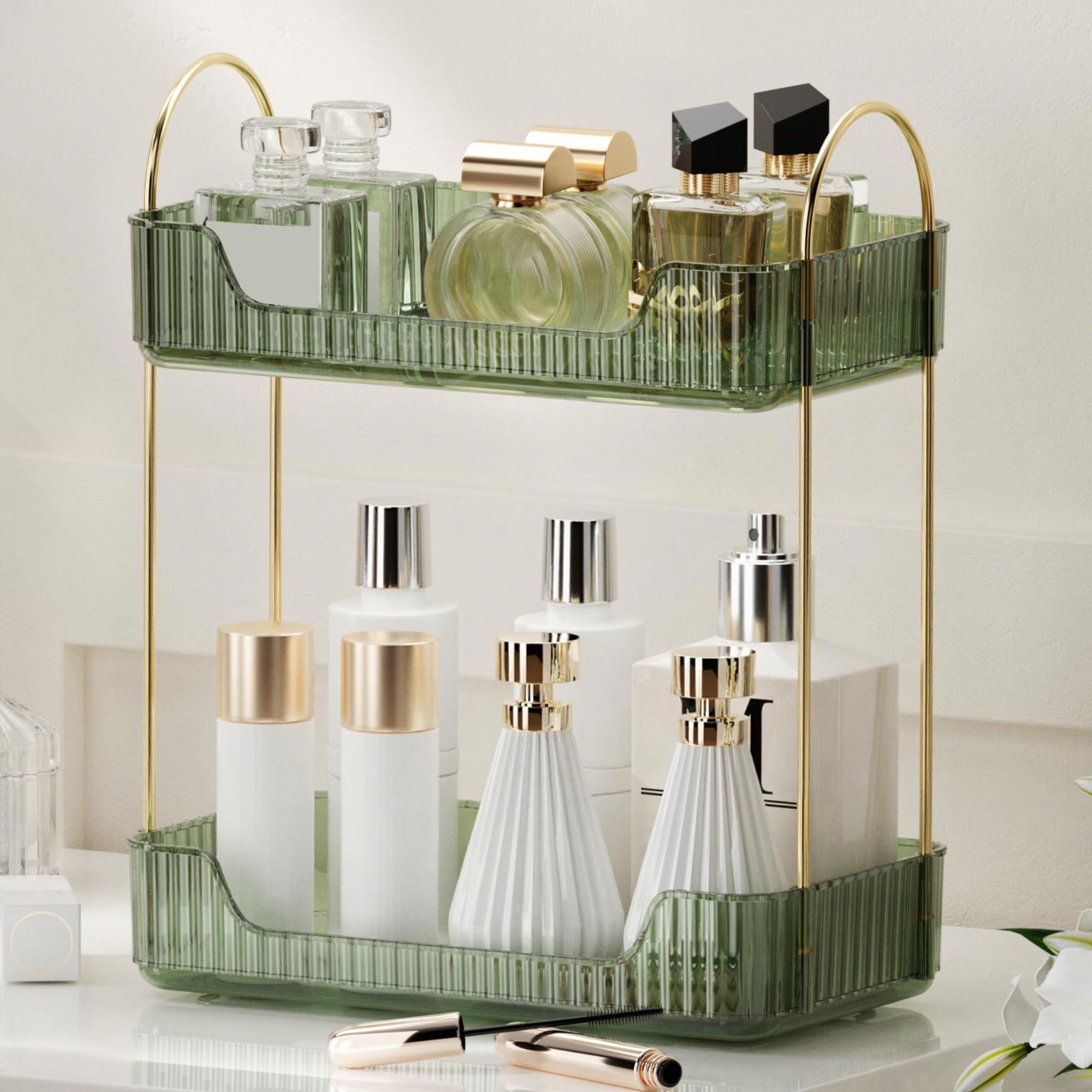YCIA&DONE Organiseur De Maquillage Étroit 2 Niveaux - Étagère Salle De Bain Fine Gris Fumé