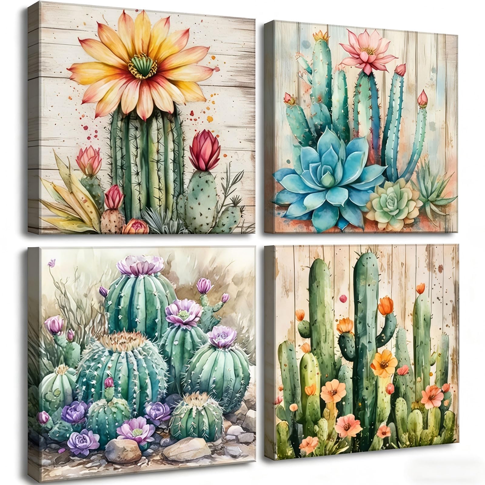 4pcs Cactus Canvas Wall Art Green Succulent Painting Picture Wall Decor Mexican Plants Tropical Flower Poster Print Artwork for Bedroom Living Room
