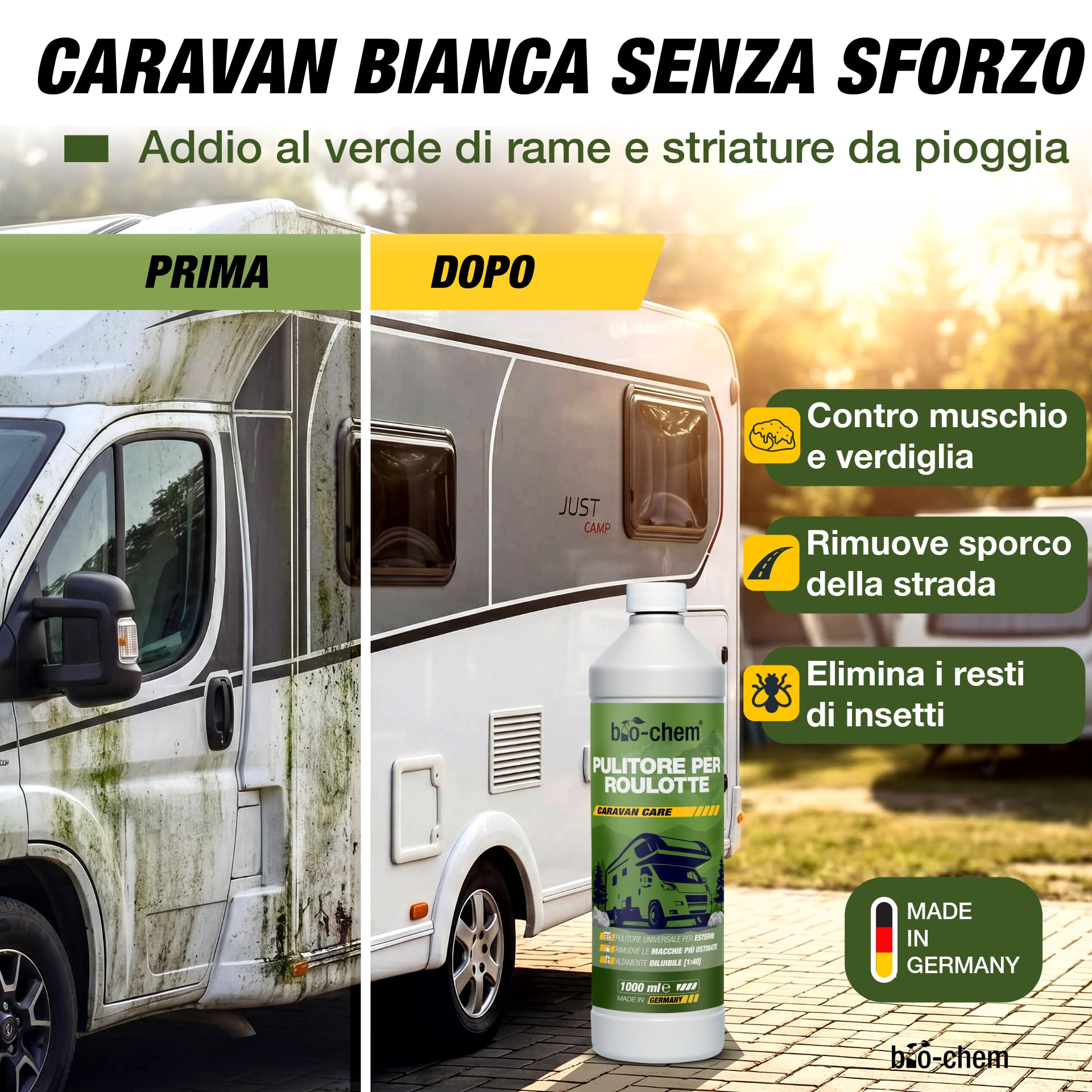 bio-chem - Prodotto per la Pulizia di roulotte e Camper 1L + spruzzatore di Schiuma 1,5L - Detergente per Caravan, Tende da Sole - Manutenzione dei Veicoli da Campeggio