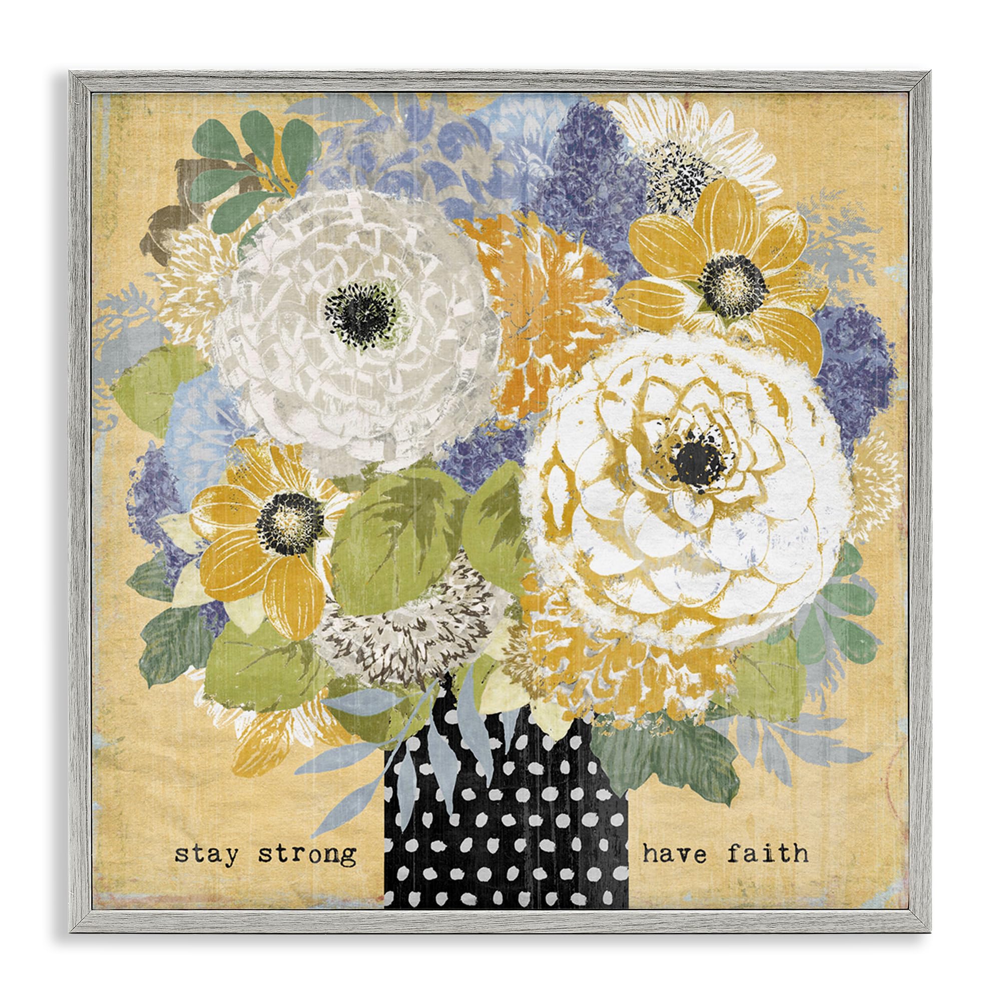 Stupell Industries Farmhouse Gray (Textured) Stay Strong Faith Floral Botanical, 17 X 17 Inch Framed Giclée Print