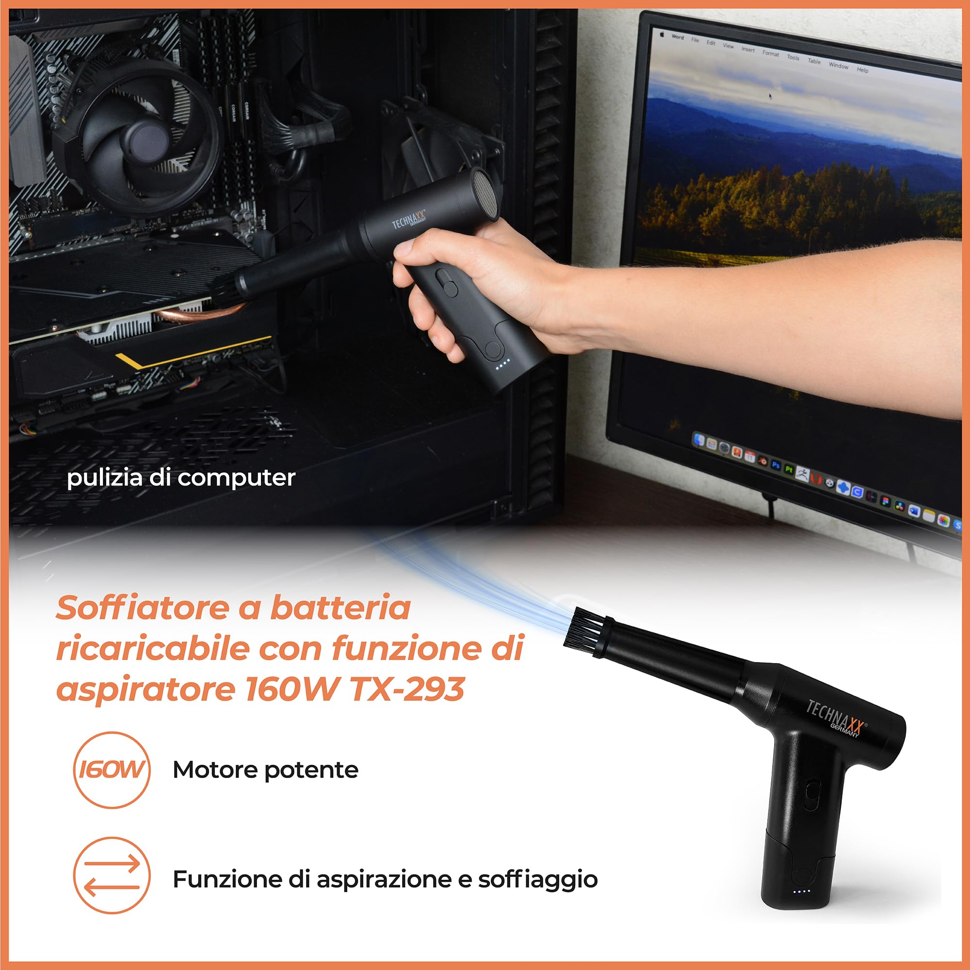 Technaxx TX-293, aspirapolvere portatile a batteria con spolverino d'aria, aspiratore elettrico ricaricabile da 160 W - Controllo continuo della velocità, 5 accessori versatili - Ideale per auto, tast