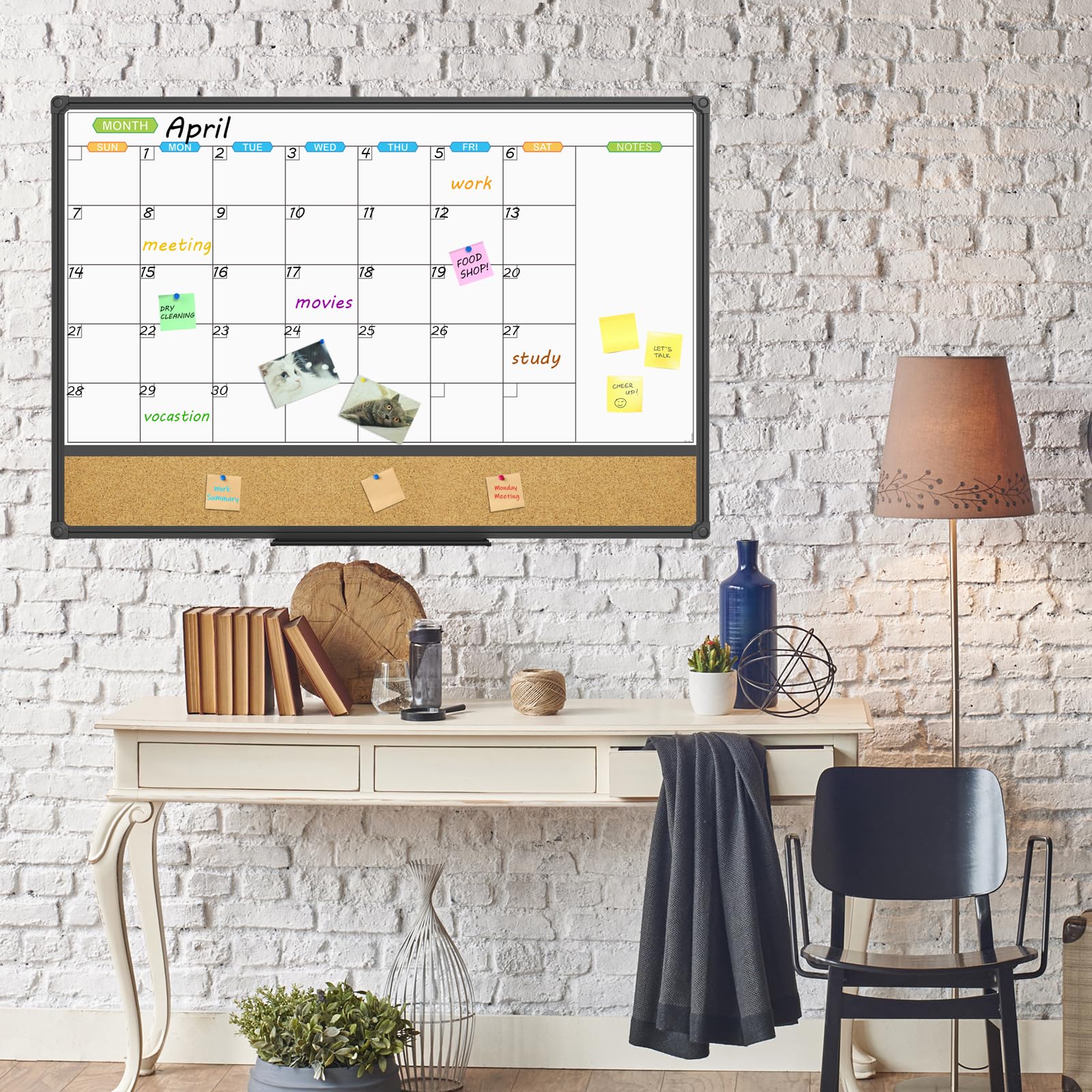 JILoffice Pizarra magnética con calendario blanco y tablón de corcho para anuncios, tablero combinado de 36 x 24 pulgadas, marco de aluminio negro, tablero montado en la pared para oficina, hogar y