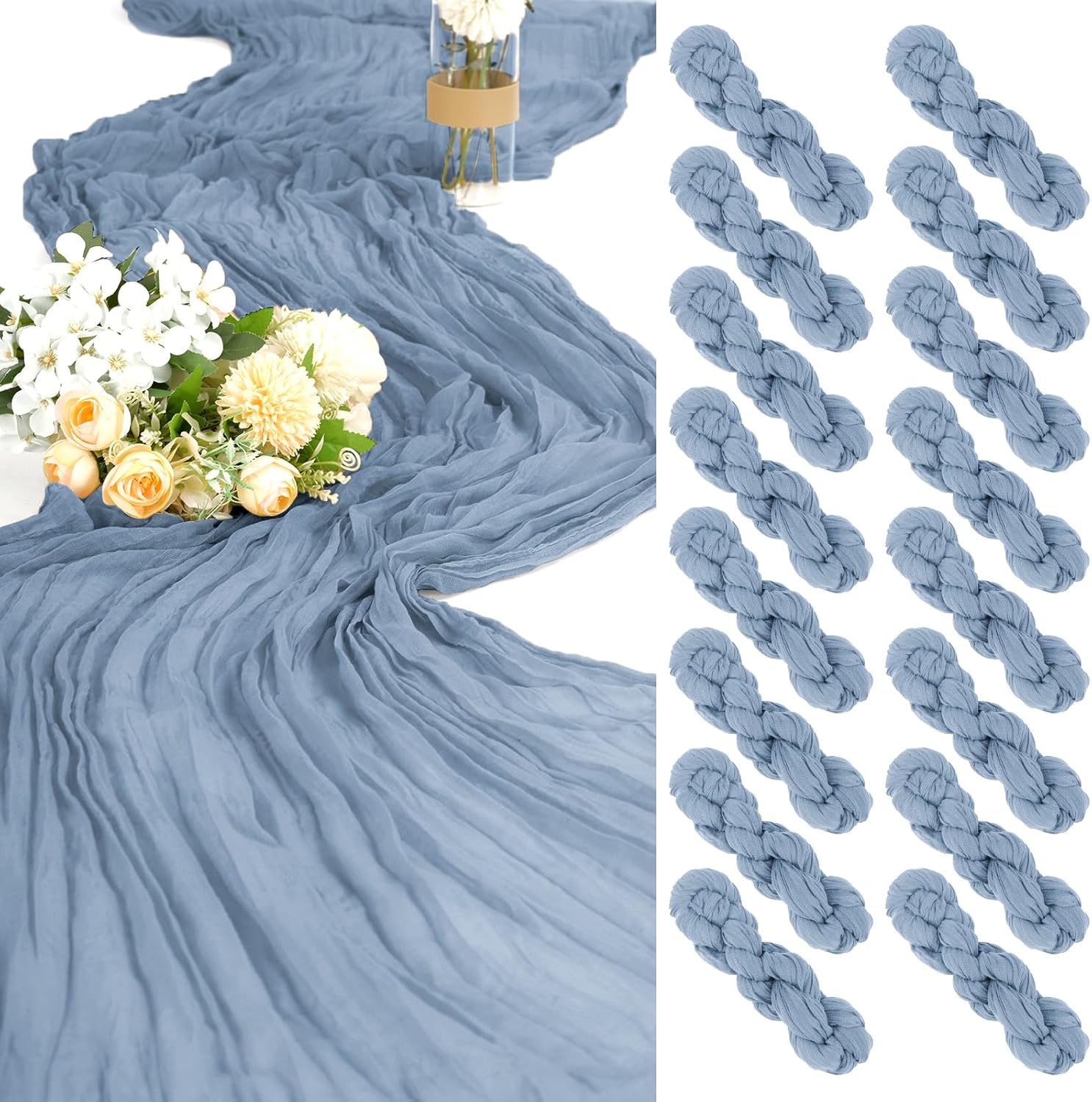 16 Pack Dusty Blue Gauze Cheesecloth Table Runner, 35 x 70 Inch, Rustic Boho Wedding Table Runner