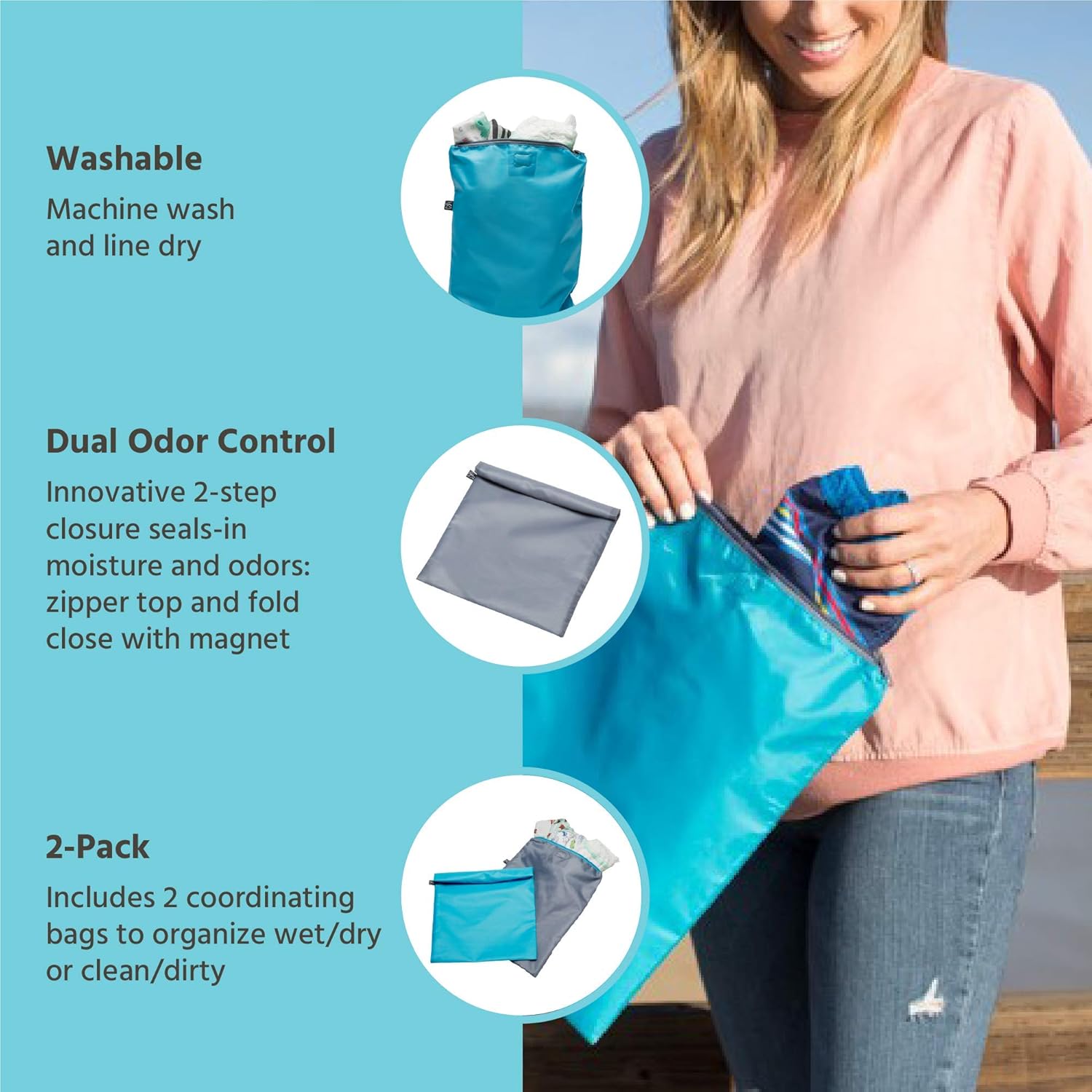 J.L. Childress Wet-to-Go Portable Wet and Dry Bags, Waterproof and Leakproof, Machine-Washable, Reusable for Cloth Diapers, Wet Clothes, Swimsuits, and More. 2 Pack, Teal/Grey : Baby