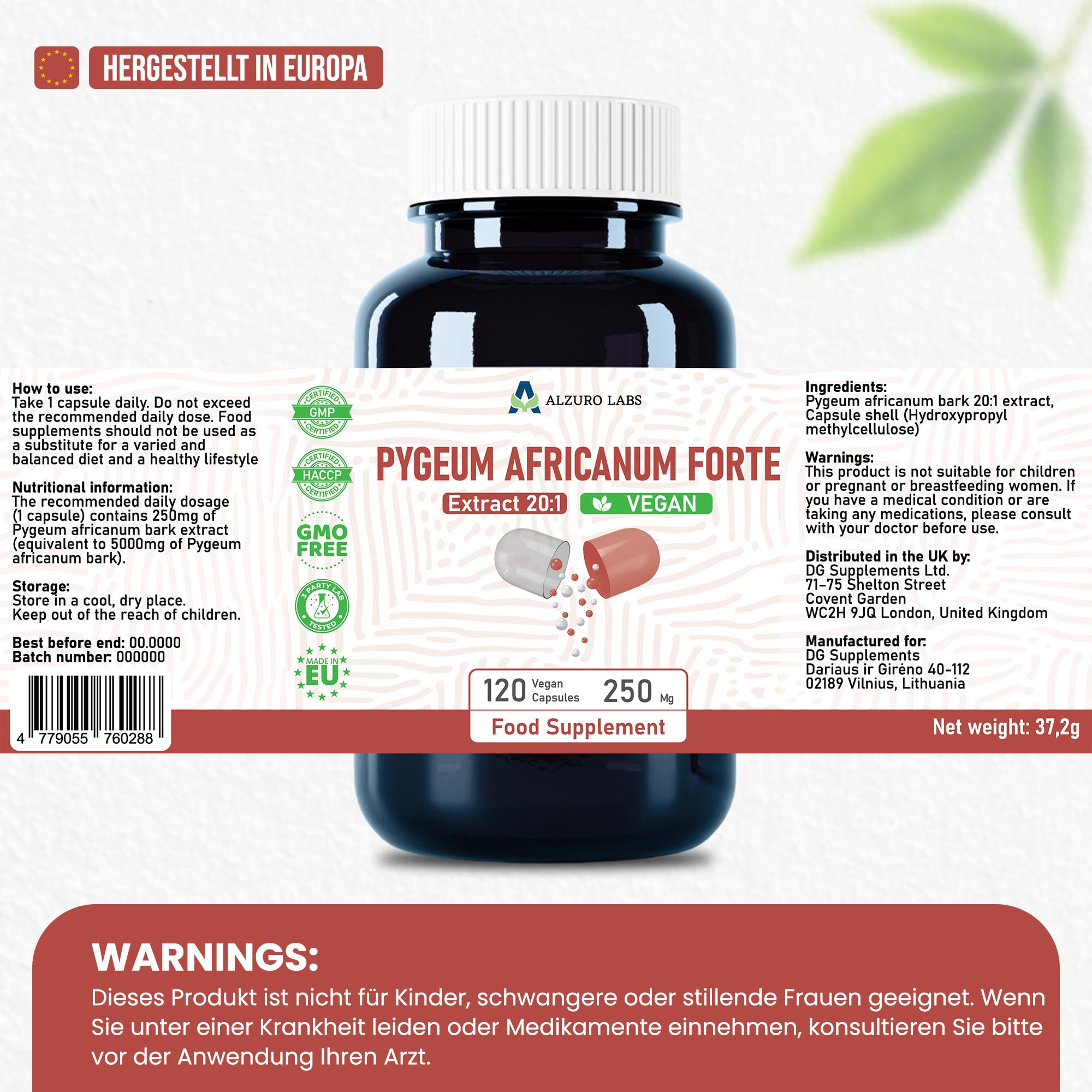 Pygeum africanum | 5.000 mg Äquivalent | 250 mg 20:1 Rinden-Extrakt (13% Phytosterole) | 120 vegane Kapseln | 4-Monats-Vorrat | Prunus africana | GMP & Laborgeprüft