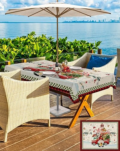 Miniatura 5 de Outdoor Tablecloth with Umbrella Hole &amp; Zipper, Christmas Gnome Rectangle Tablecloth 52x70 Inch, Rustic Xmas Tree Snowflake Red Black Teal Plaid