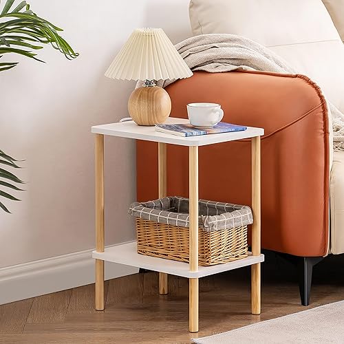 Miniatura 6 de Apicizon Mesa auxiliar de 2 niveles, mesa auxiliar bohemia con estante de almacenamiento, mesita de noche para espacios pequeños, dormitorio, sala