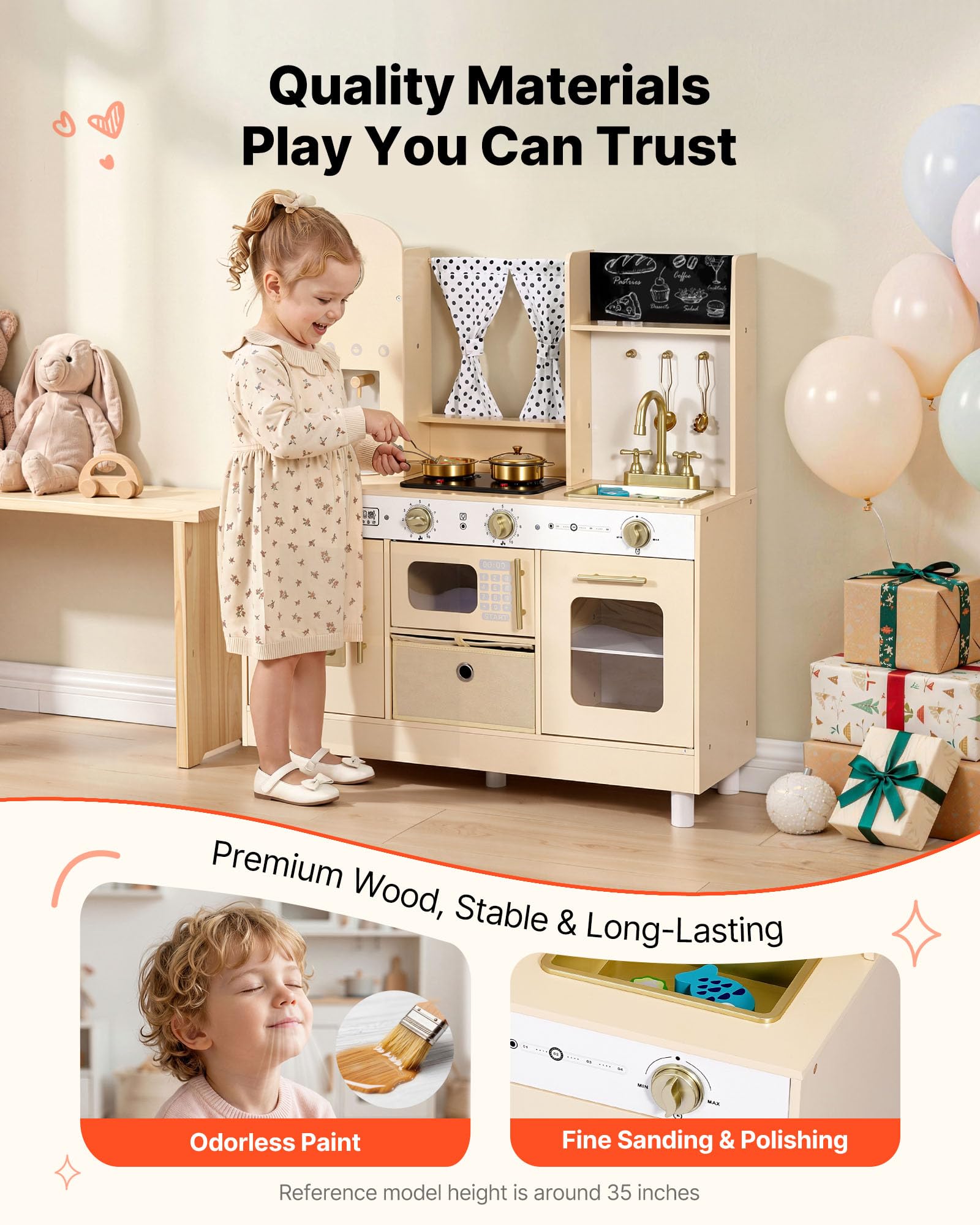 VEVOR Spielküche für Kinder, Moderne Kinderküche mit Licht & Sound, Holzküche mit Herd Backofen Spüle Mikrowelle Eisspender & Getränkespender, Küchenspielzeug mit Kochset für Kinder ab 3 Jahren, Beige