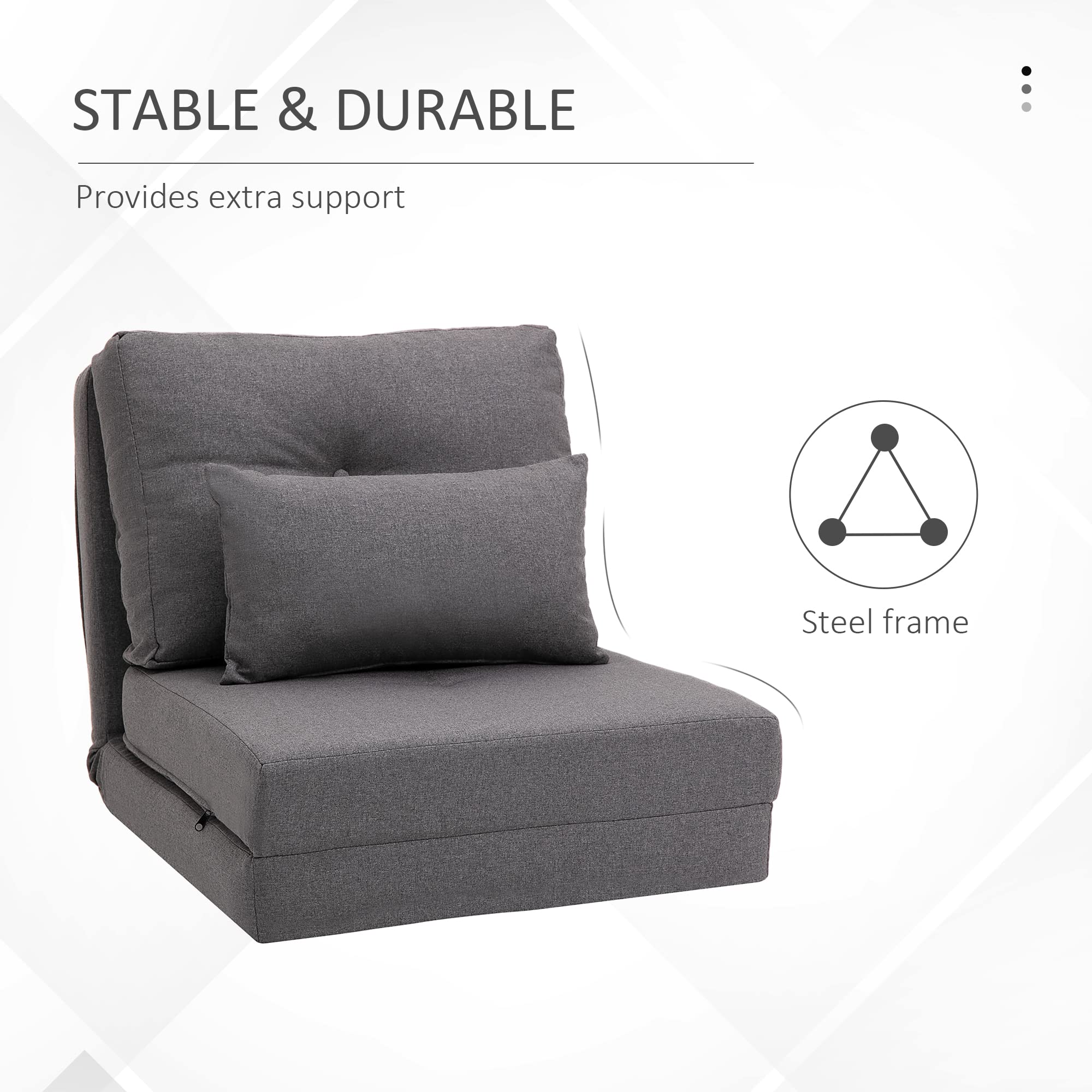 Silla abatible convertible, sofá perezoso de suelo, sofá cama tapizado plegable con respaldo ajustable, marco de metal y almohadas para sala de estar, dormitorio, gris oscuro 7