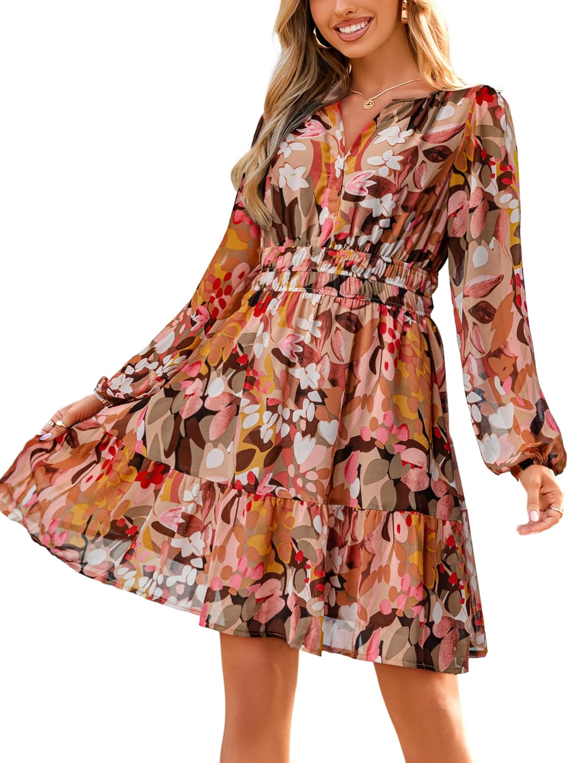 Simplee Womens Spring Floral Mini Dress Long Sleeve Boho Chiffon Short Dress Casual Flowy Fall Wedding Guest Dresses