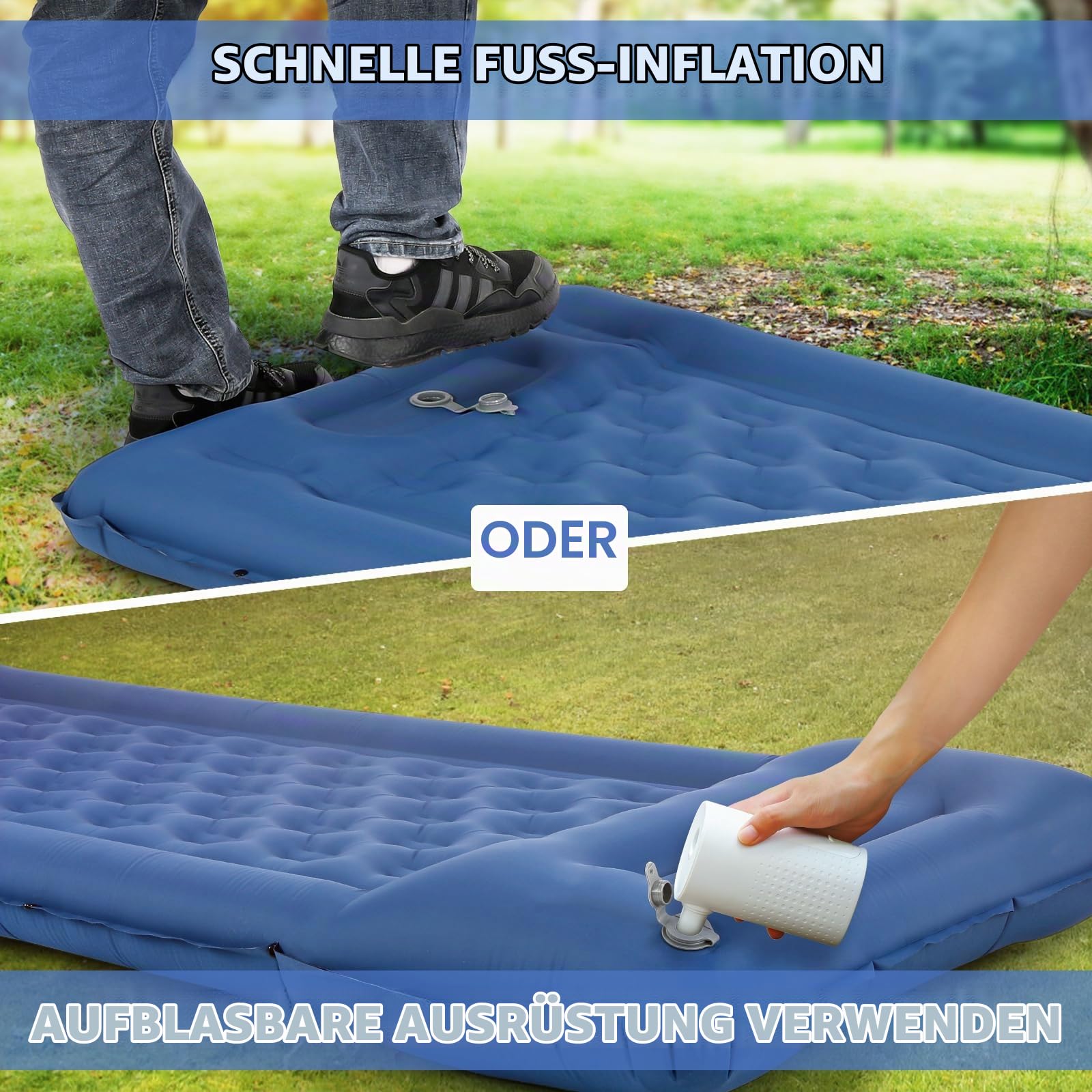 TOMSHOO Isomatte Camping Outdoor, Aufblasbare Luftmatratze Matratze mit Integrierten Fußpresse Pumpe, Kissen, Karabiners, Aufbewahrungstasche, Campingmatrazen Schlafmatte, Farbe Blau