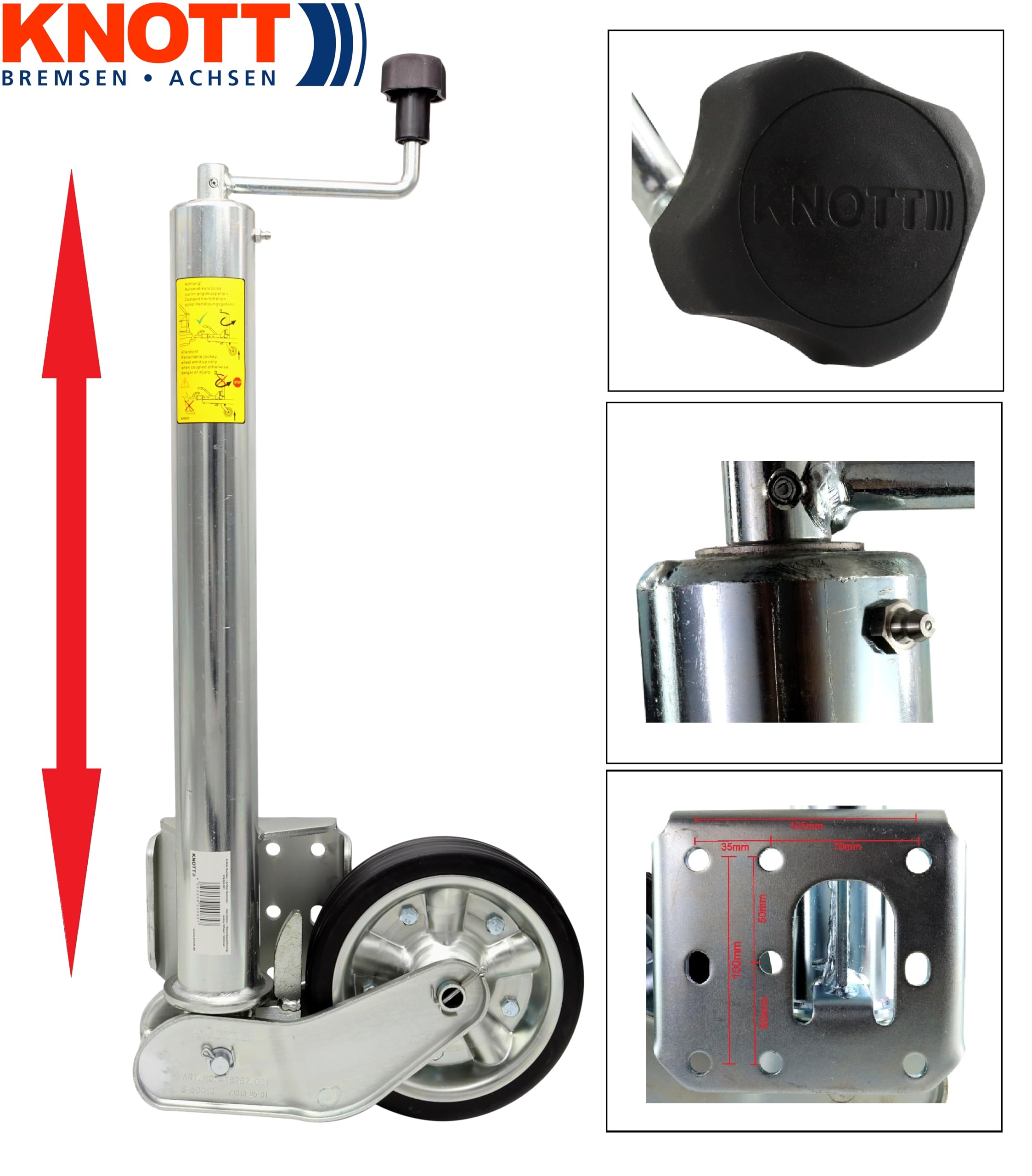 trailer parts4u Oryginalne koło podporowe Knott długie duże obciążenie 500 kg samochód osobowy przyczepa koło ostrogowe 200 x 50 mm 416262.001