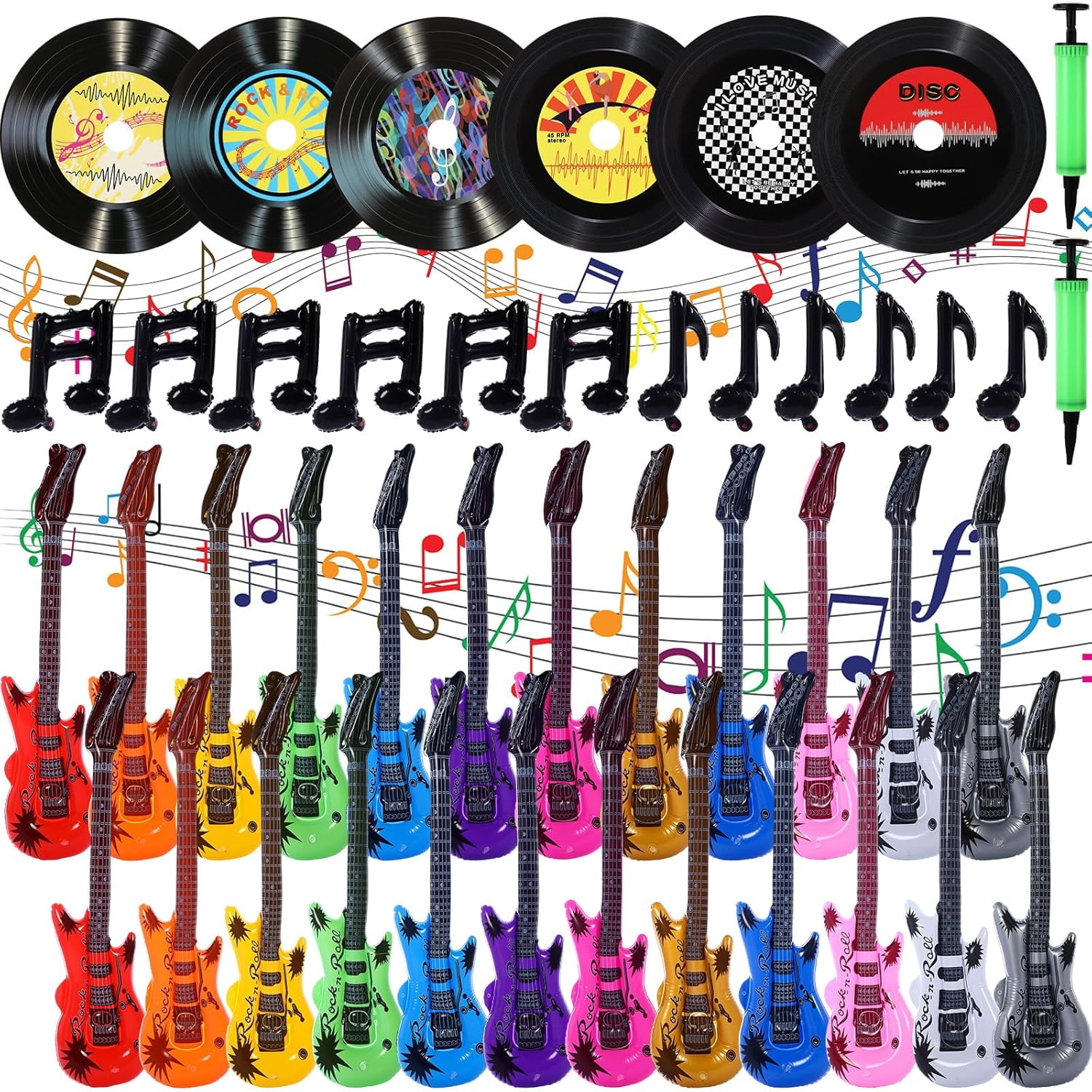 42 Pack Inflatable Rock Star Toy, 24 Inflatable Guitars Bulk 12 Musical Note Black Balloons 6 Vinyl Records for 80s 90s Musical Birthday Party Decoration, 2 Inflator