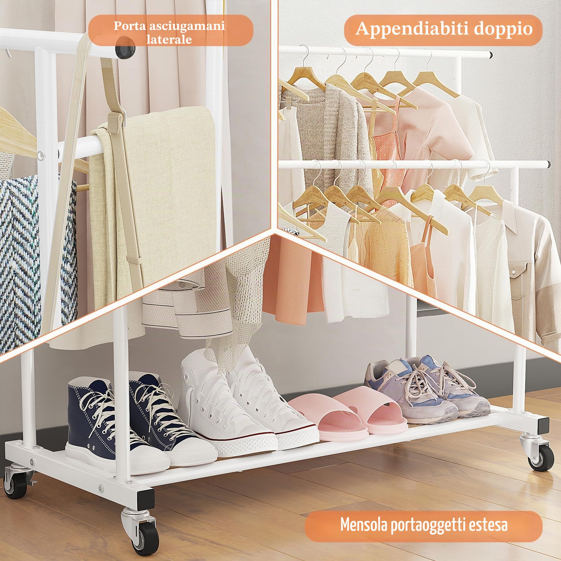 Calmootey Appendiabiti a doppia asta, appendiabiti portatile per camera da letto, soggiorno, negozio di abbigliamento, bianco