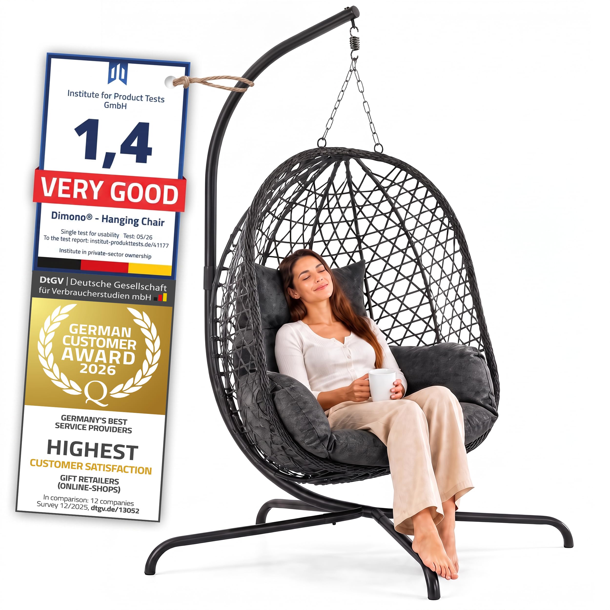GOODS+GADGETS® Silla Colgante Exterior con Armazón - Egg Chair 120 kg | Sillón colgante huevo para jardín y terraza - cojín grueso incluido, fácil montaje, ratán resistente