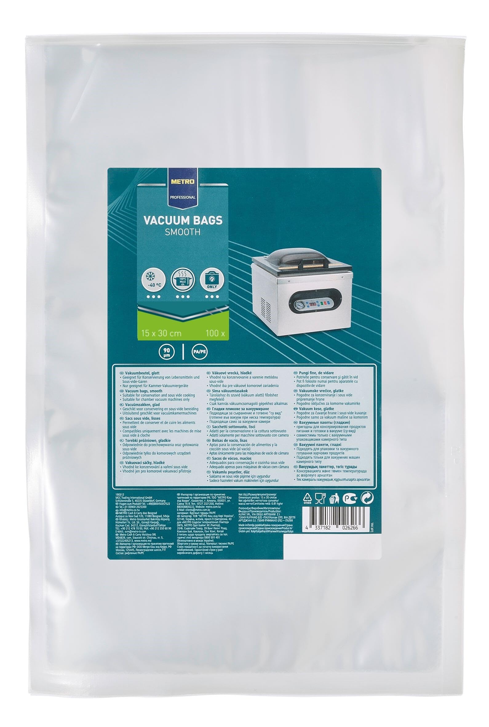 METRO Professional Sachets sous Vide, PA/PE, 15 x 30 cm, 90 µm, résistant jusqu'à 100°C pour Max. 4h, Convient pour sous Vide, 1600 pièces