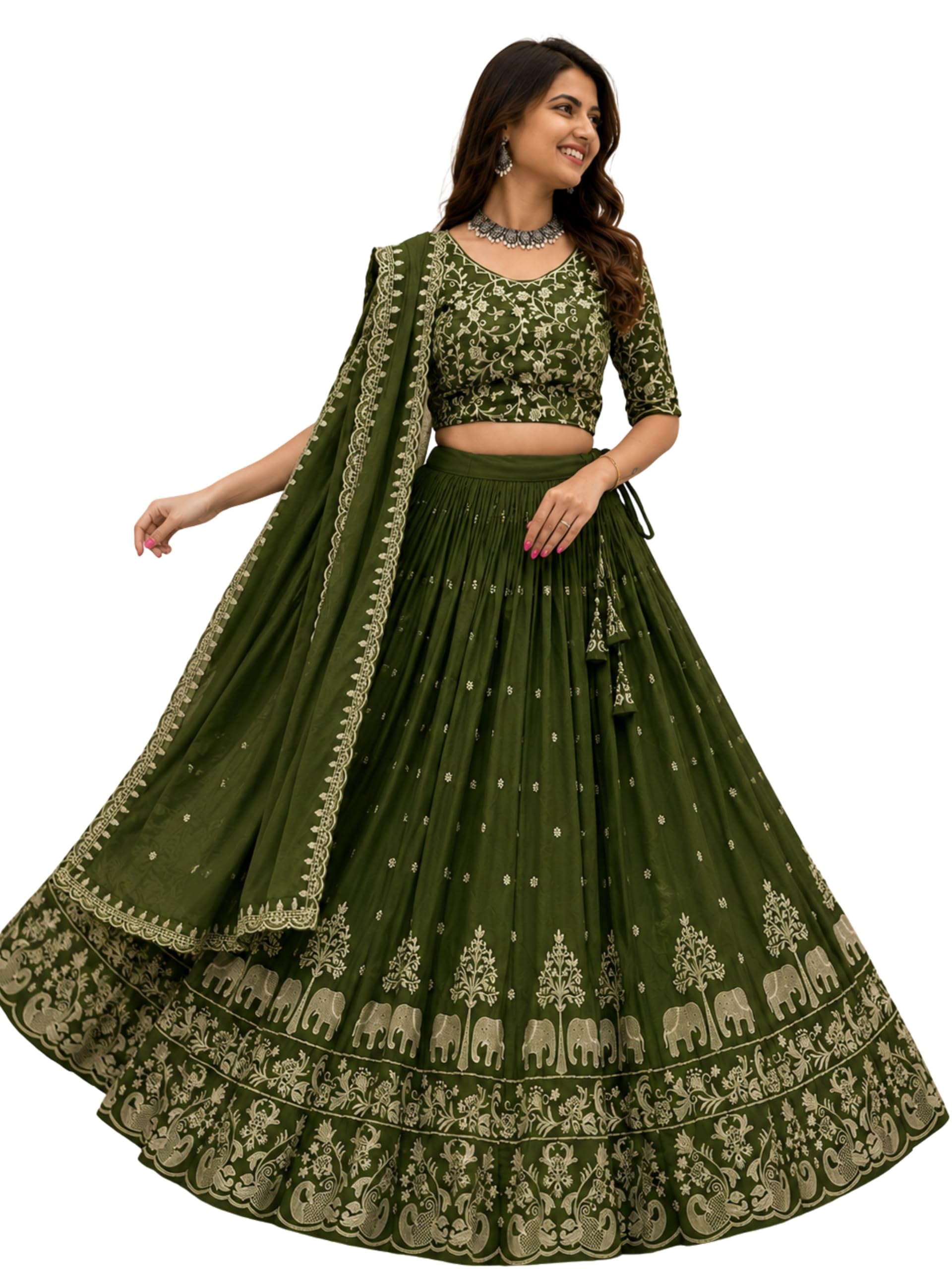 Women's Olive Green Embroidery Semi Stitch Lehenga Choli With Dupatta Set | Semi Stitched Ethnic Ghagra Choli | 2.5 Meter Flair | Navratri Special-image-45
