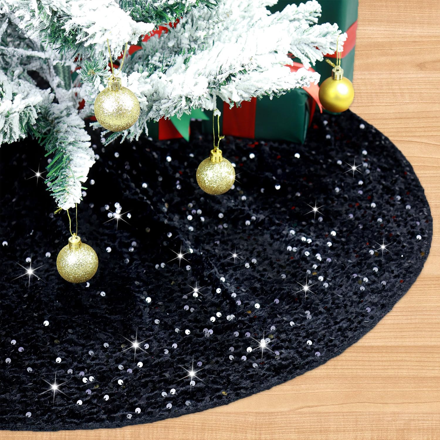 FUHSY Black Tree Skirt Christmas 116 cm Velvet Tree Skirt Sequin tree Mat Elegant Sequence Tree Mat Kits Shiny Xmas Skirts Tree Decoration for Merry Christmas Holiday Halloween Tree Skirts