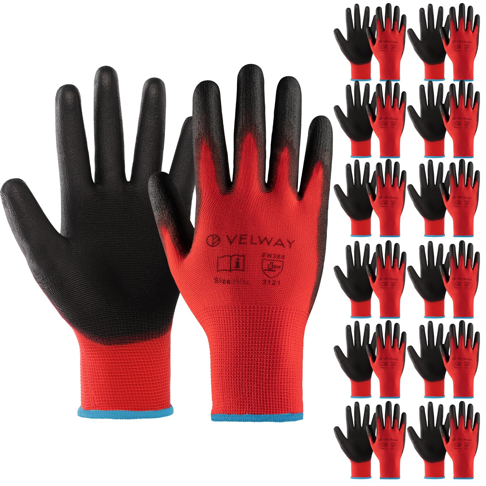 Velway 12 Pairs Safety Work Gloves - Firm Grip Gardening Gloves Non-Slip PU Coated Lightweight Breathable Protective Mechanic Builders Working Gloves Men Women for General Duty Work Red (Size 10/XL)